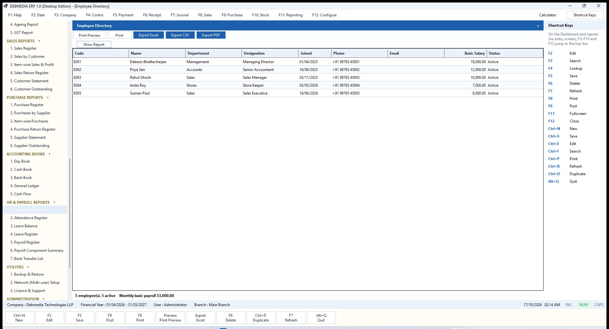 DEBMEDIA ERP Employee Directory: Employee Directory: code, department, designation, joining date, phone, basic salary and status.