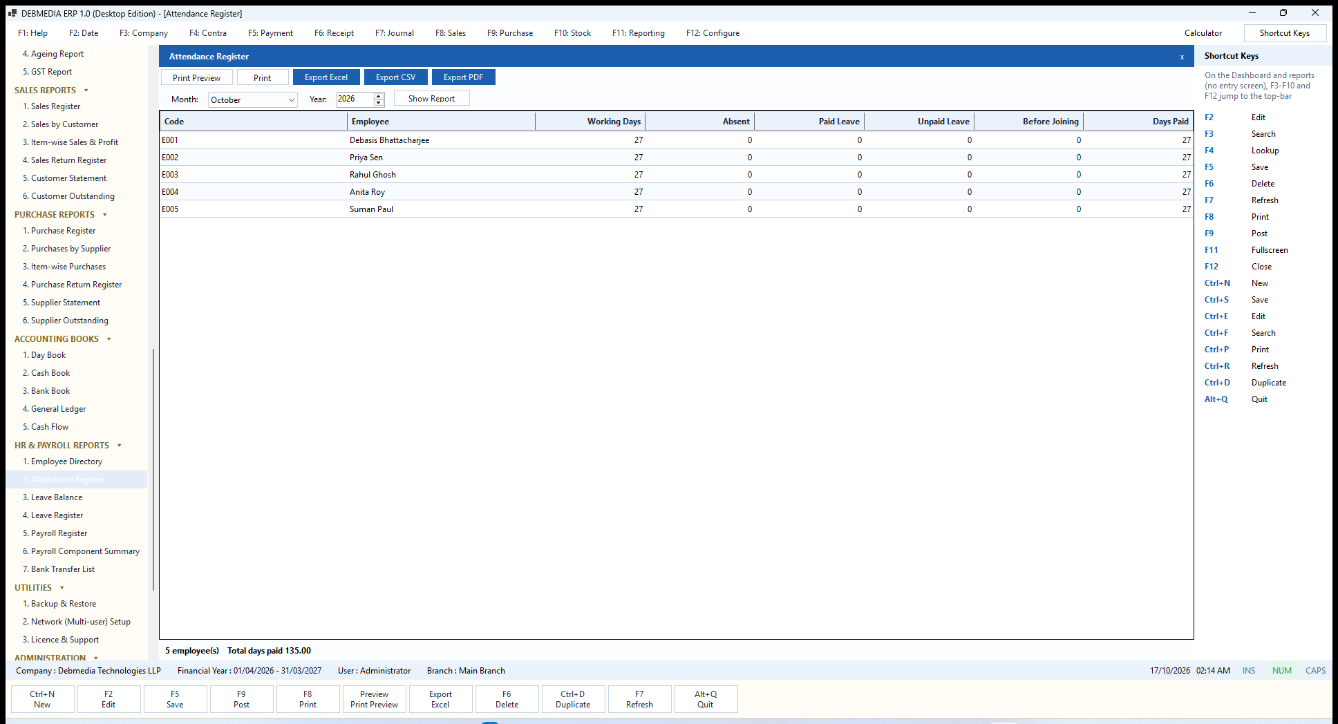 DEBMEDIA ERP Attendance Register: Attendance Register for a month with working days, absent, paid leave, unpaid leave and days paid.