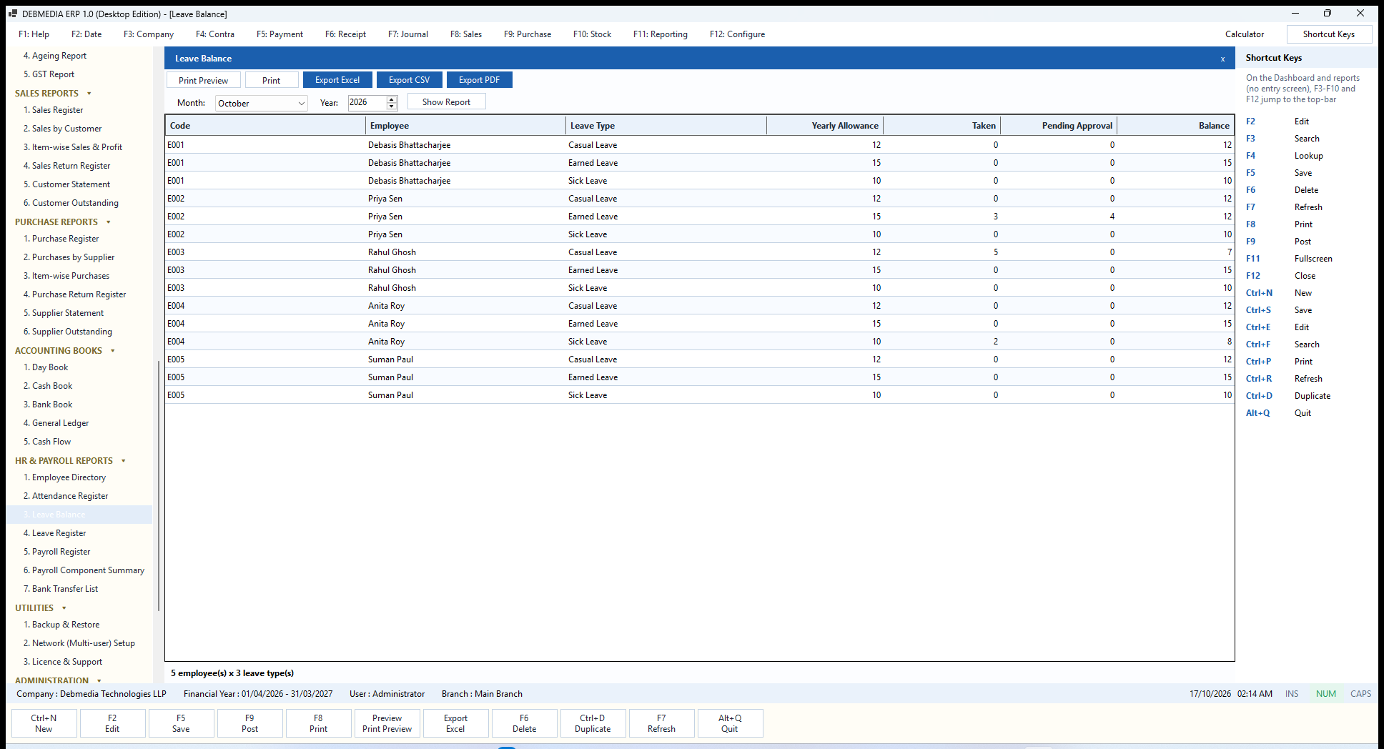 DEBMEDIA ERP Leave Balance: Leave Balance per employee and leave type: yearly allowance, taken, pending approval and balance.