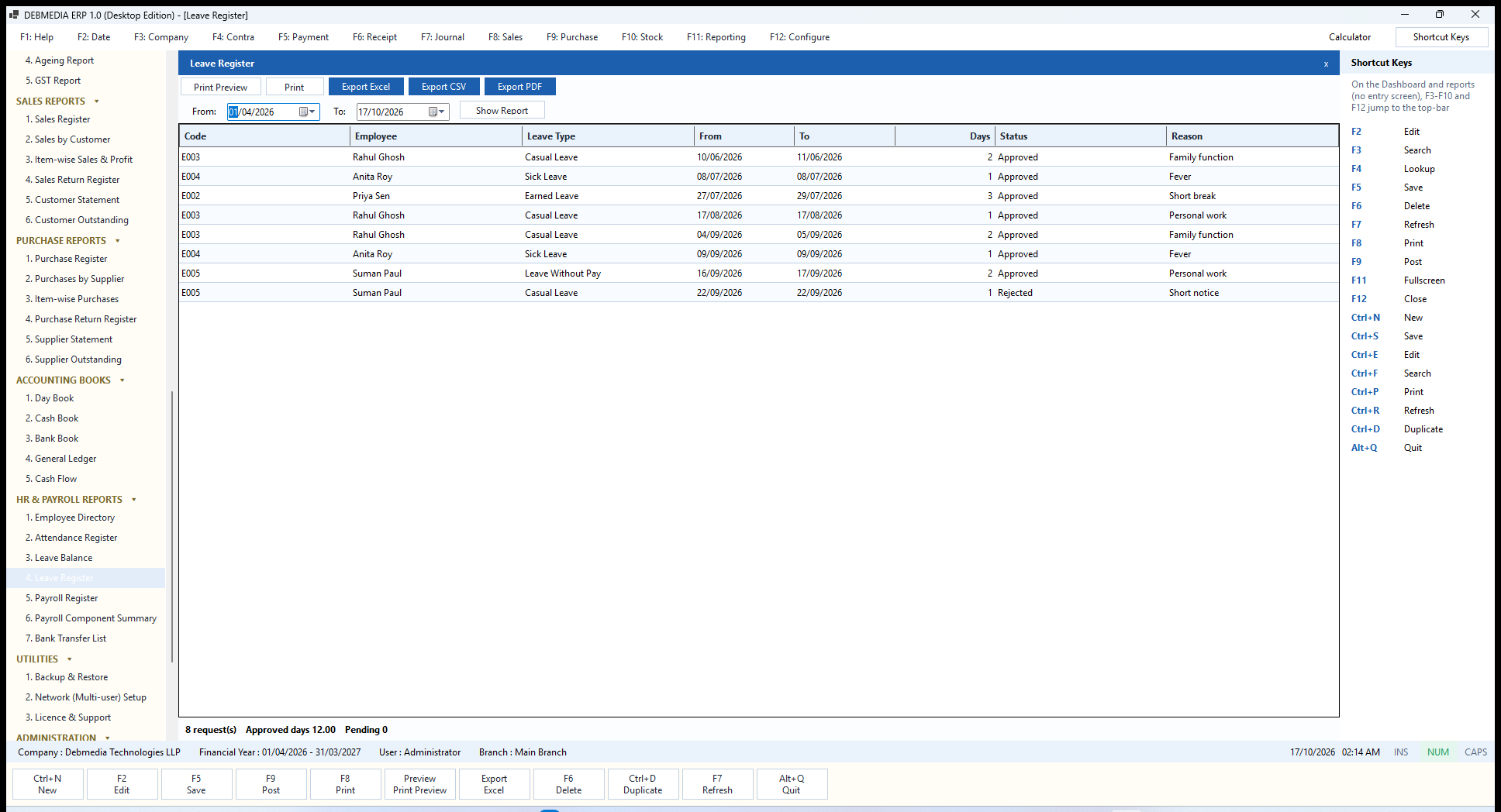 DEBMEDIA ERP Leave Register: Leave Register for a period listing each request with its dates, days, status and reason.
