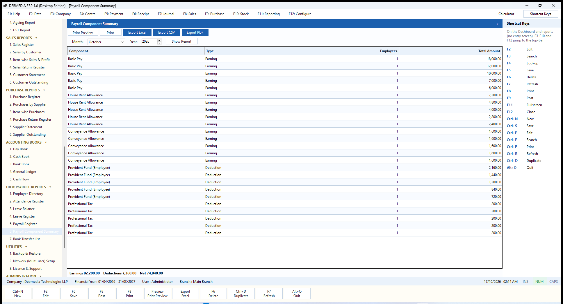 DEBMEDIA ERP Payroll Component Summary: Payroll Component Summary: each pay head with employee count and total amount.