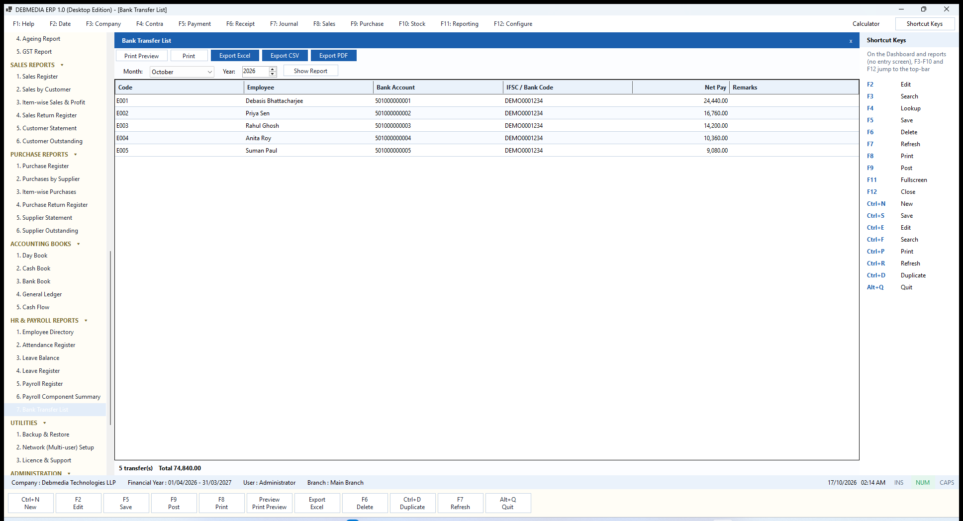 DEBMEDIA ERP Bank Transfer List: Bank Transfer List: employee, bank account, bank code and net pay, ready for the bank.