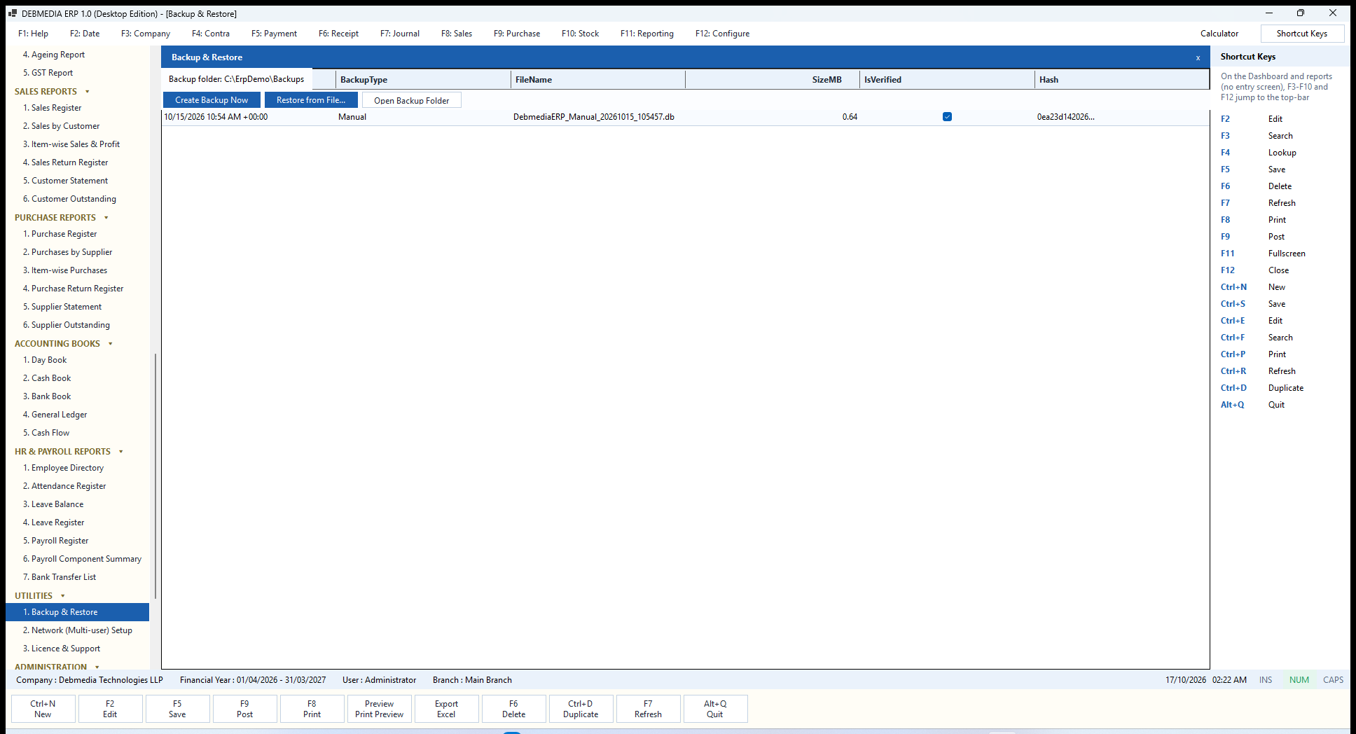 DEBMEDIA ERP Backup and Restore: Backup and Restore with a verified backup recorded: file name, size, verification tick and SHA-256 hash.