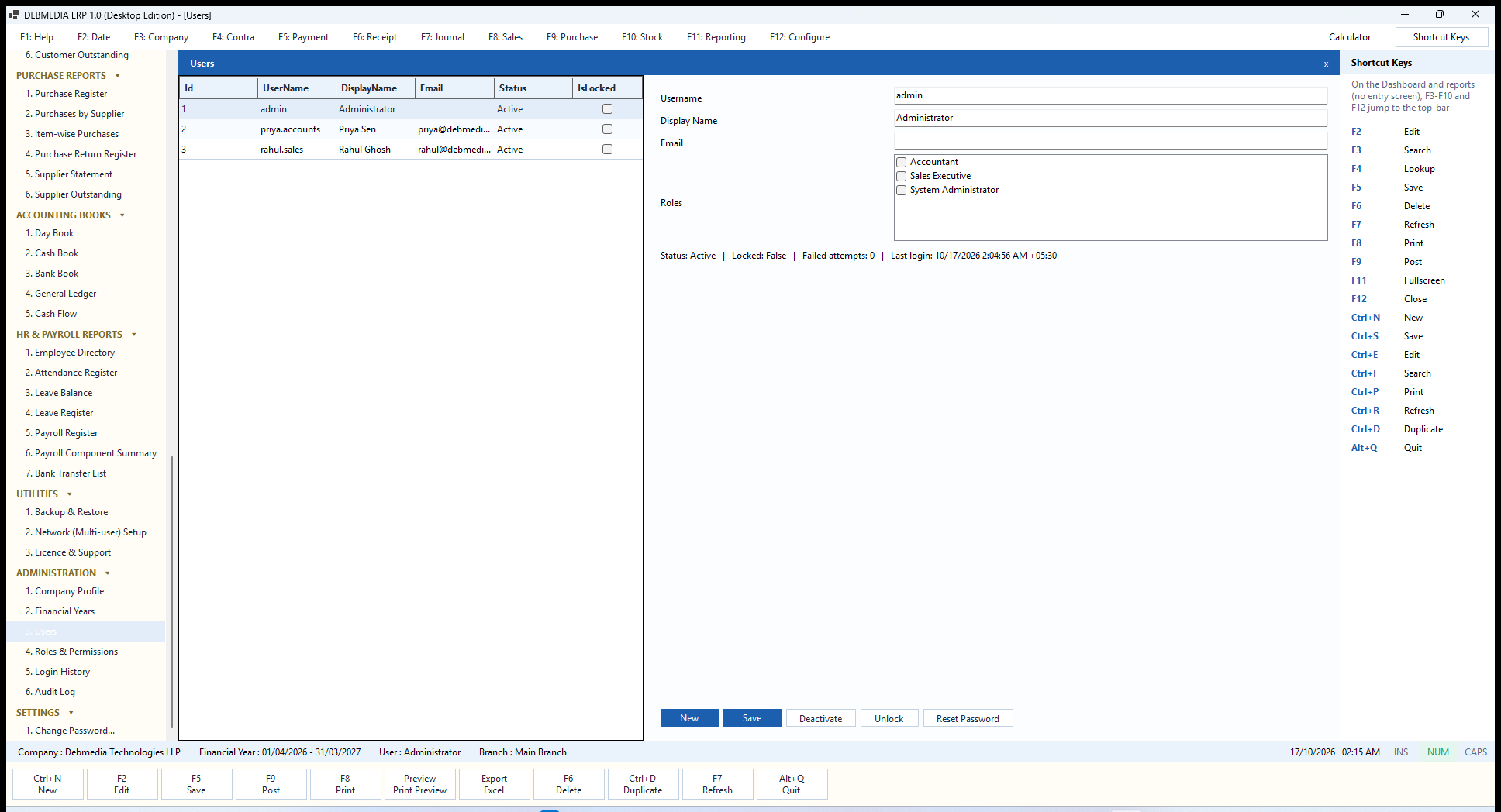 DEBMEDIA ERP Users: Users screen: create users, assign roles, deactivate, unlock and reset a password.