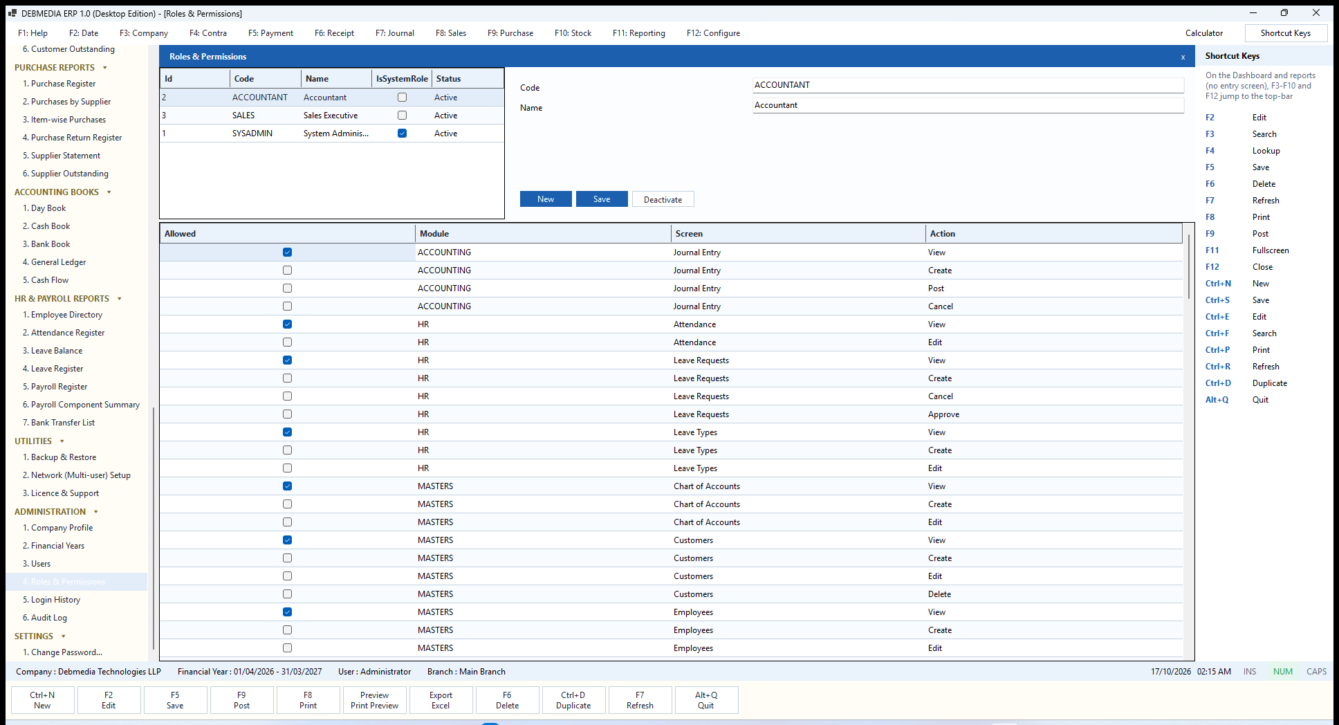 DEBMEDIA ERP Roles and Permissions: Roles and Permissions: a grid of module, screen and action switches that decide what a role can do.