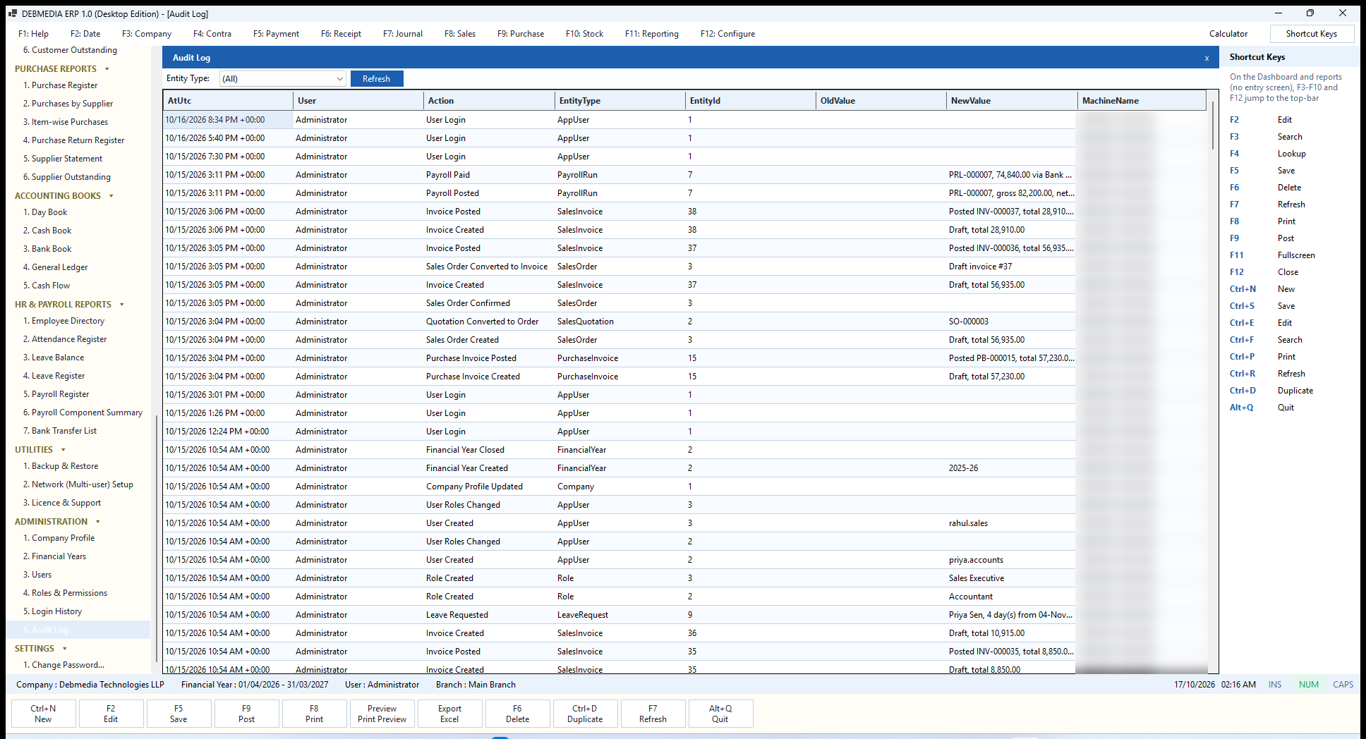 DEBMEDIA ERP Audit Log: Audit Log recording who did what and when: postings, cancellations, conversions and setup changes.