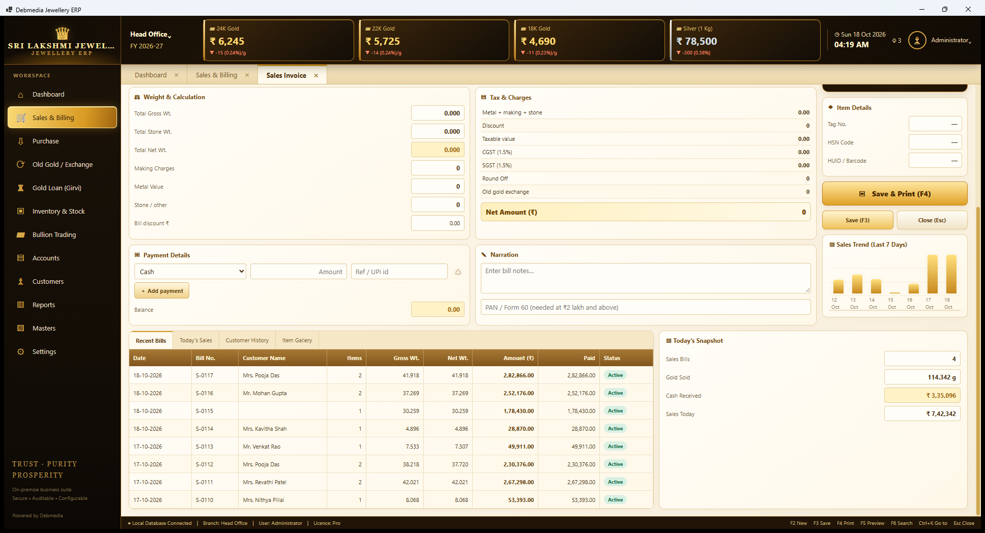 Debmedia Jewellery ERP Recent Bills and Today's Snapshot: The lower part of the Sales Invoice: tabs for Recent Bills, Today's Sales, Customer History and Item Gallery, and a Today's Snapshot of bills, gold sold, cash received and sales.
