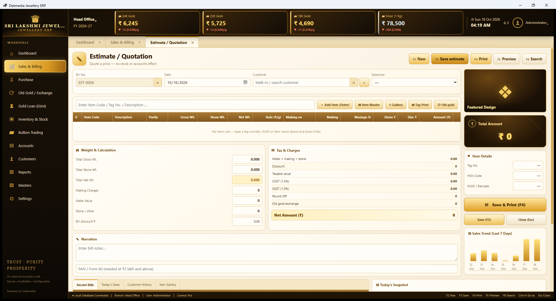 Debmedia Jewellery ERP Estimate / Quotation: Estimate / Quotation: the invoice layout without the payment box, numbered EST-0004, which changes nothing in stock or accounts.