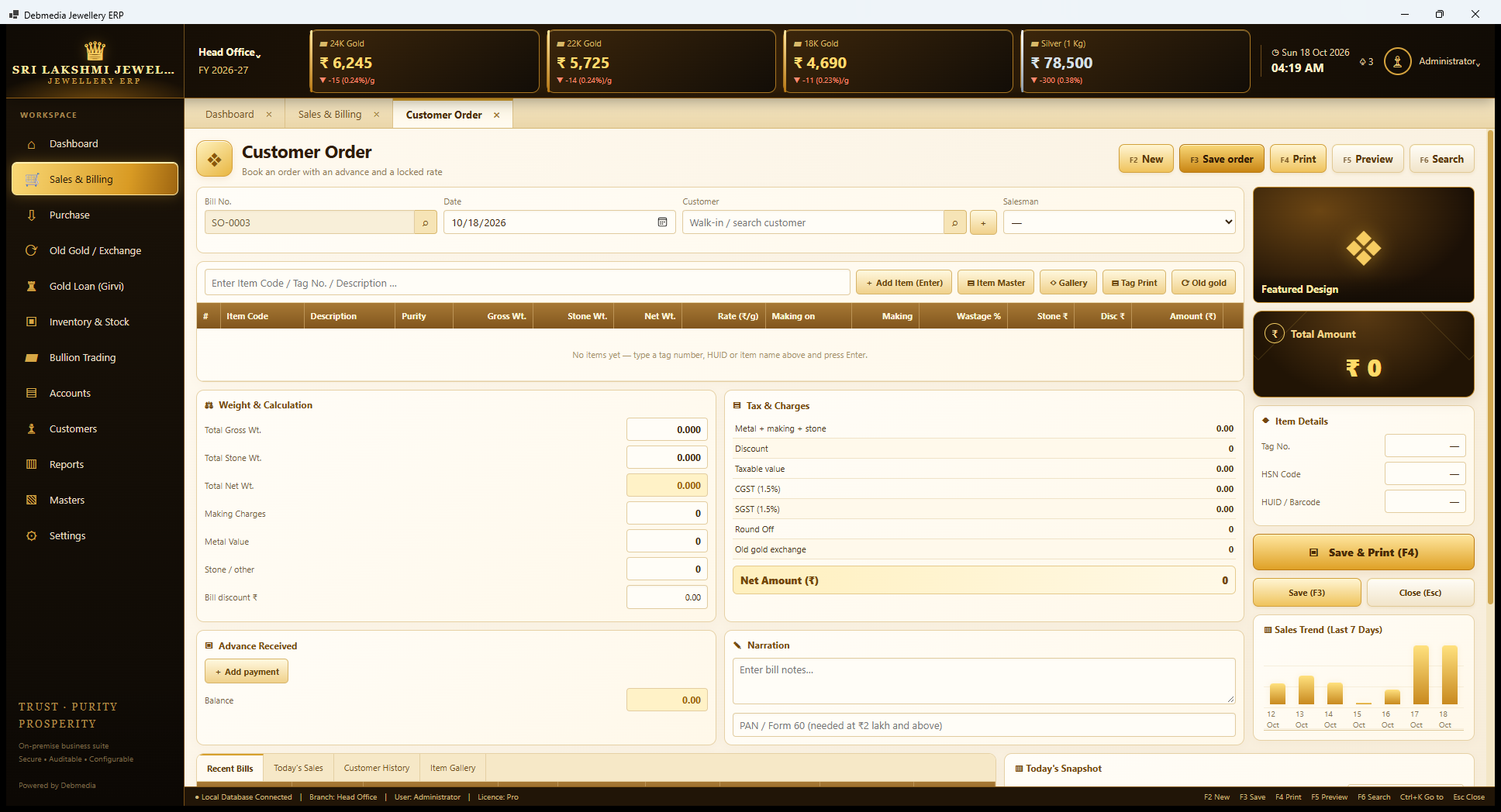 Debmedia Jewellery ERP Customer Order: Customer Order: the invoice layout with an Advance Received box in place of payment, numbered SO-0003, for booking an order at a locked rate.