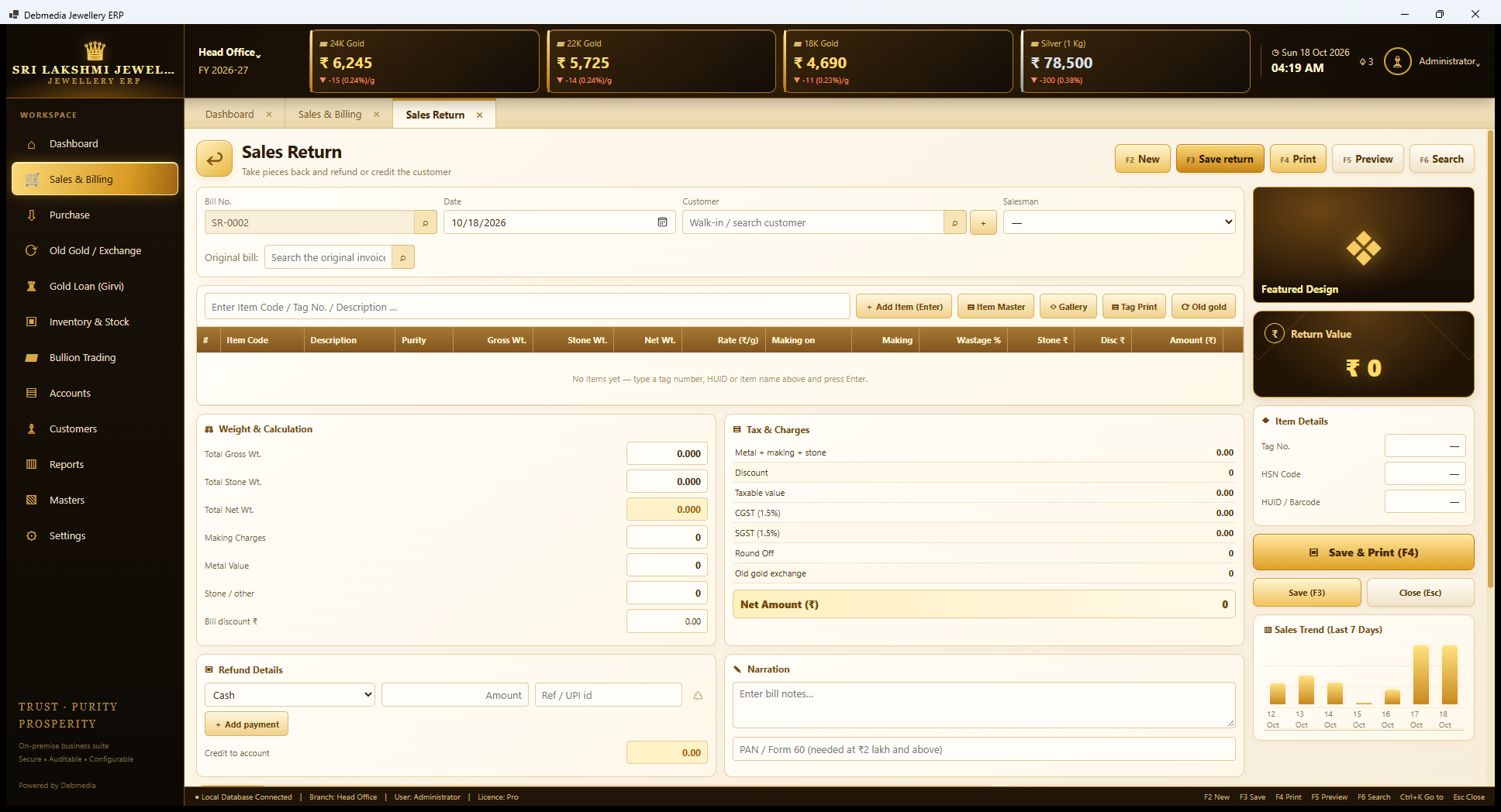 Debmedia Jewellery ERP Sales Return: Sales Return: the original bill search, a return value, and a refund box with a credit-to-account option.