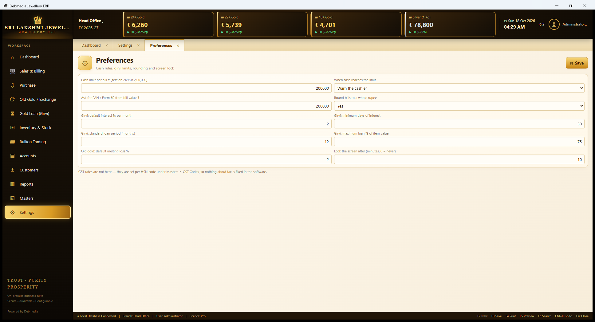 Debmedia Jewellery ERP Preferences: Preferences: cash limit, action at the limit, PAN limit, rounding, girvi defaults, old gold melting loss and screen lock time.