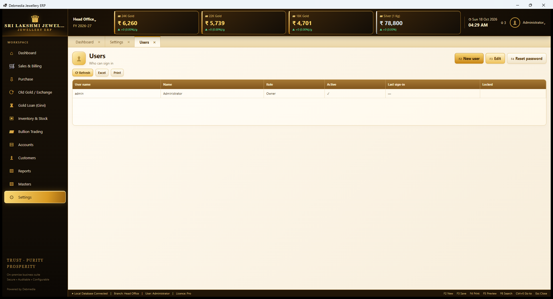 Debmedia Jewellery ERP Users: Users: the staff who can sign in, with name, role, active flag, last sign-in and locked flag, and buttons for New user, Edit and Reset password.
