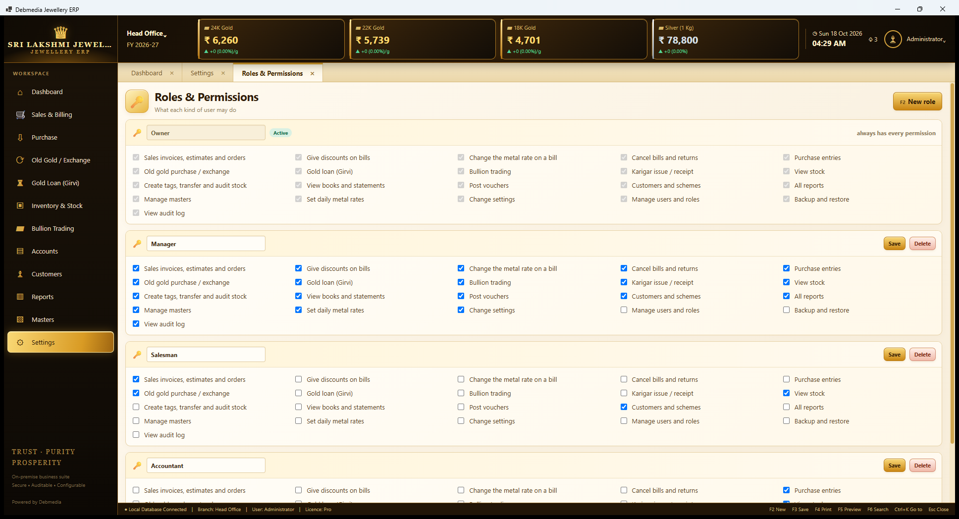 Debmedia Jewellery ERP Roles and Permissions: Roles and Permissions: Owner with every permission ticked, and Manager, Salesman and Accountant cards each with their own set of 21 possible permissions.