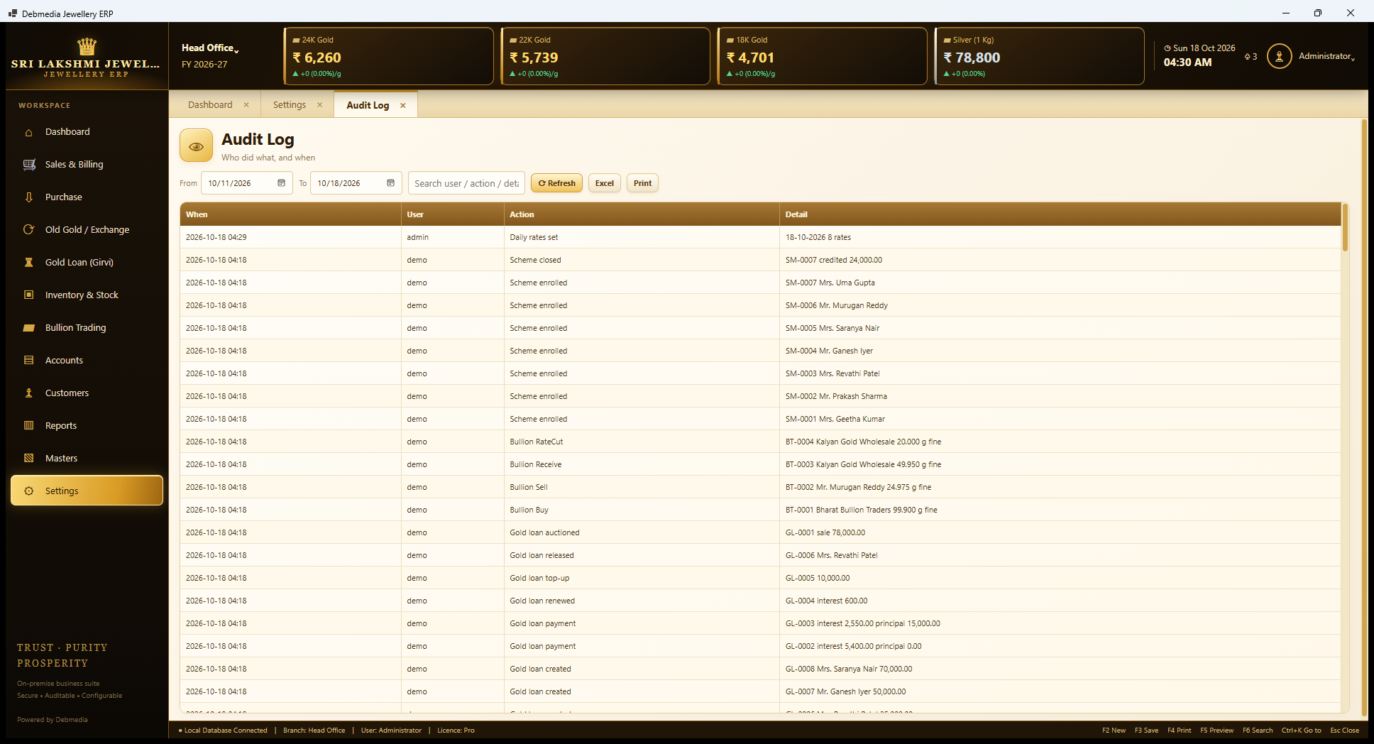 Debmedia Jewellery ERP Audit Log: Audit Log: who did what and when, with date range and search, listing actions such as rates set, schemes closed and enrolled, bullion trades and gold loan events.