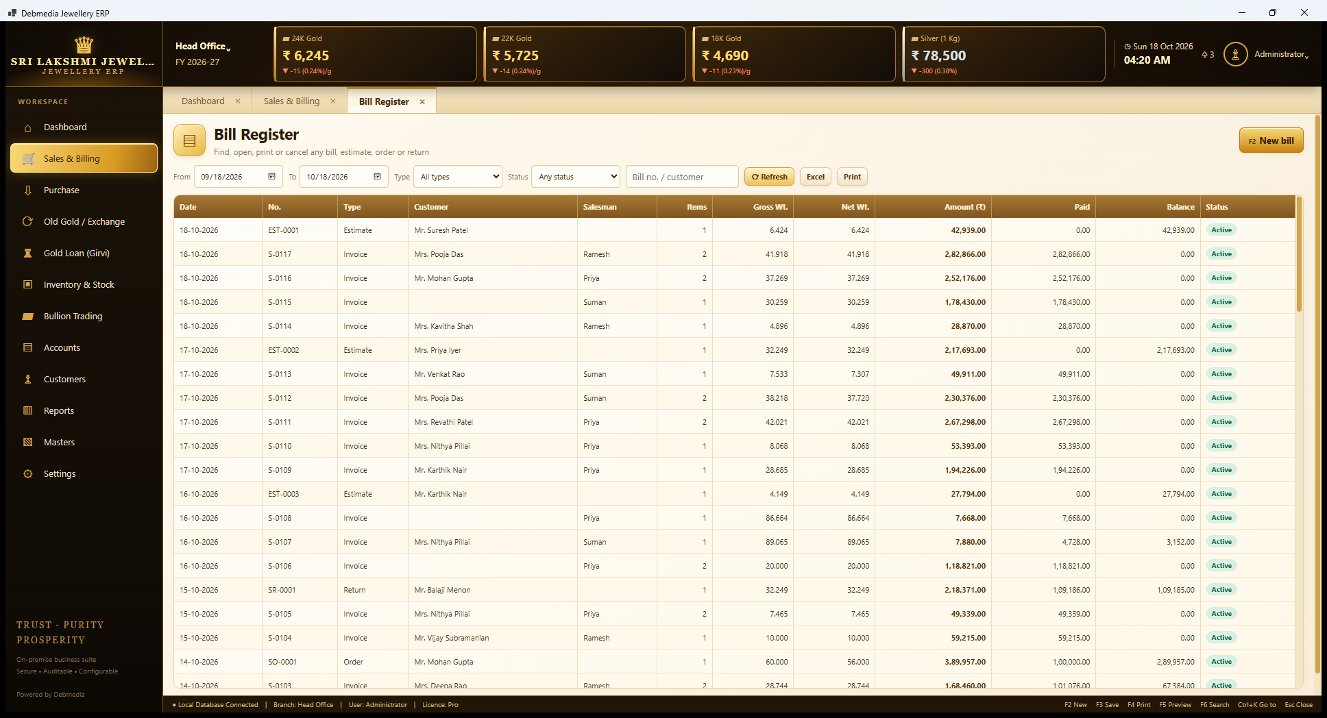 Debmedia Jewellery ERP Bill Register: Bill Register: every invoice, estimate, order and return in a date range, with salesman, weights, amount, paid, balance and status.