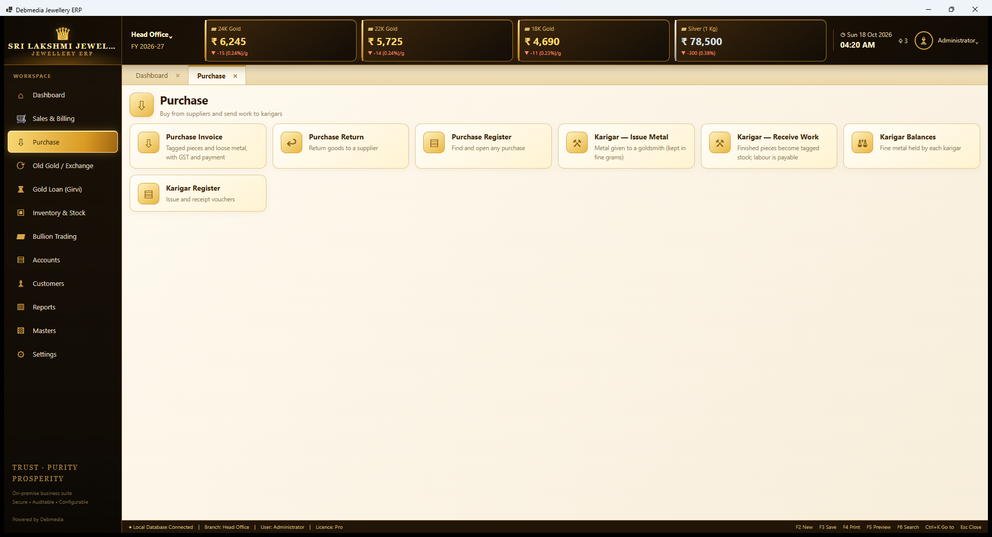 Debmedia Jewellery ERP Purchase: Purchase: tiles for Purchase Invoice, Purchase Return, Purchase Register and the four karigar screens.