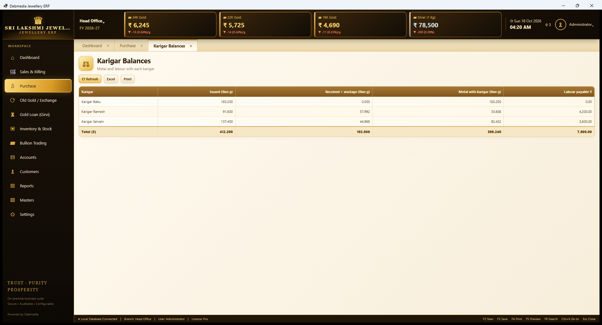 Debmedia Jewellery ERP Karigar Balances: Karigar Balances: for each karigar, the fine metal issued, received plus wastage, the metal still held and the labour payable.