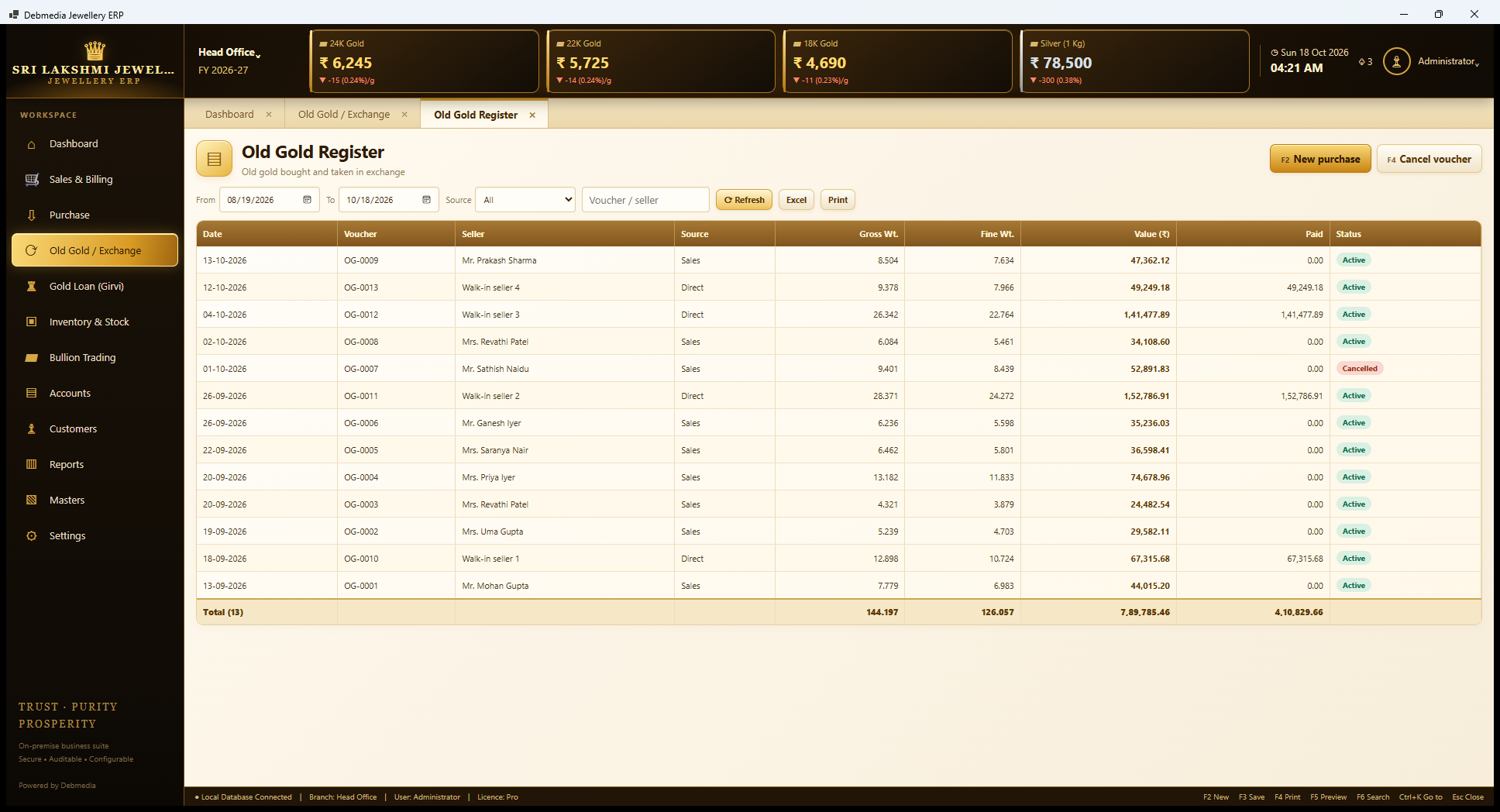 Debmedia Jewellery ERP Old Gold Register: Old Gold Register: each old-gold voucher with seller, source (Sales exchange or Direct), gross and fine weight, value, paid amount and status, including a cancelled voucher.