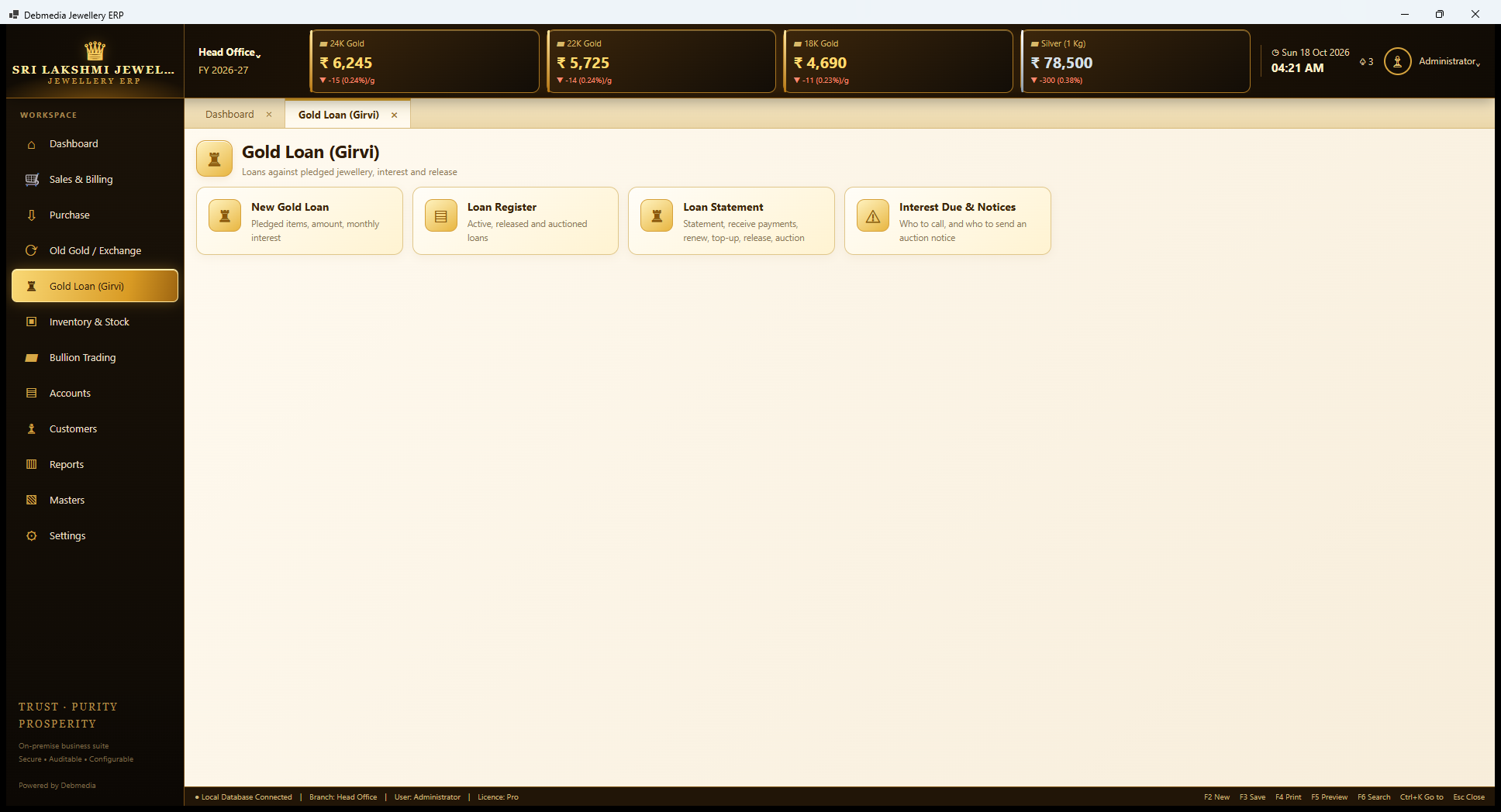 Debmedia Jewellery ERP Gold Loan (Girvi): Gold Loan (Girvi): tiles for New Gold Loan, Loan Register, Loan Statement and Interest Due and Notices.