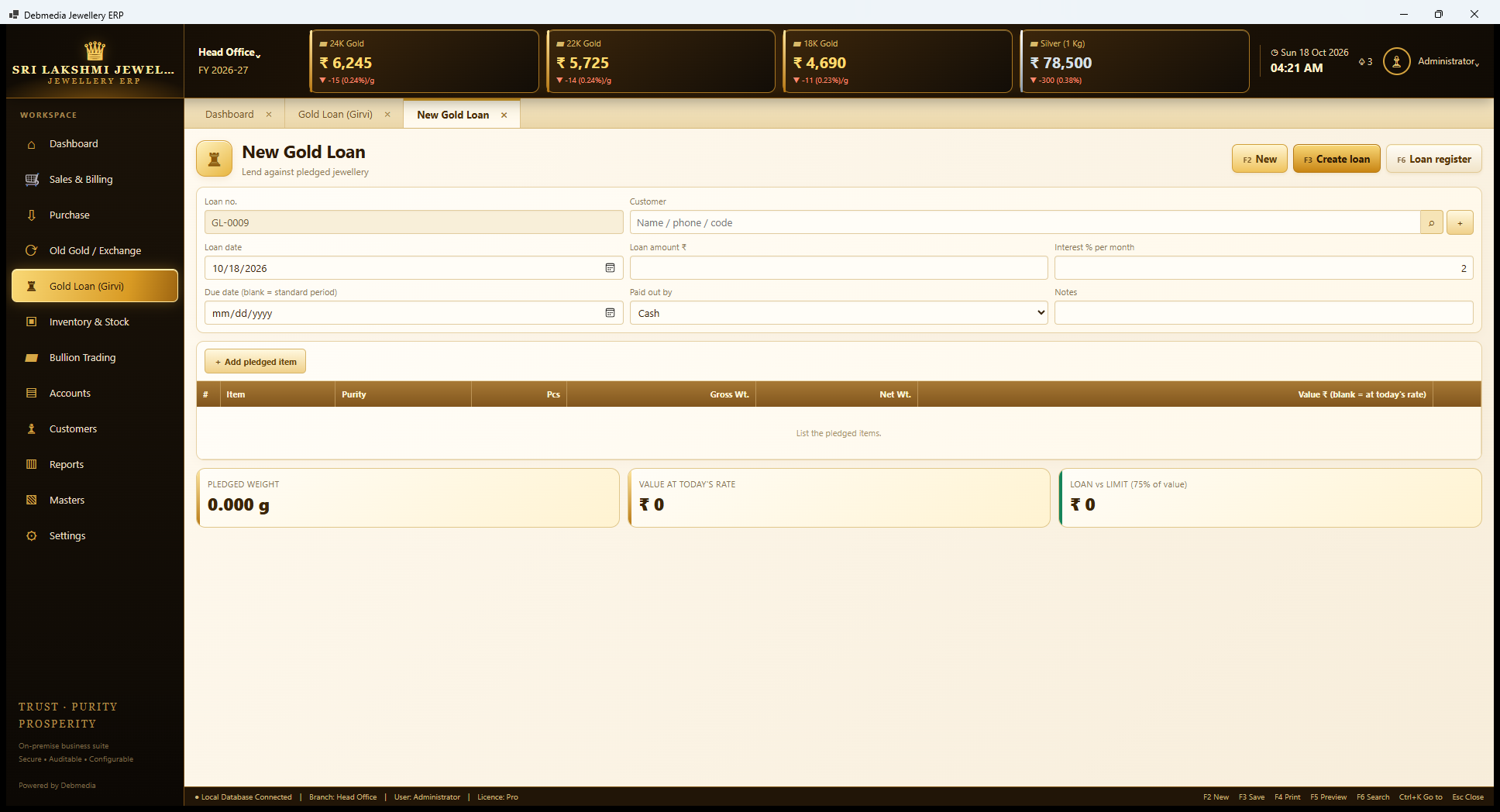 Debmedia Jewellery ERP New Gold Loan: New Gold Loan: customer, loan date, amount, monthly interest, due date, paid-out mode, notes, a grid of pledged items and three tiles showing pledged weight, value at today's rate and loan against the limit.