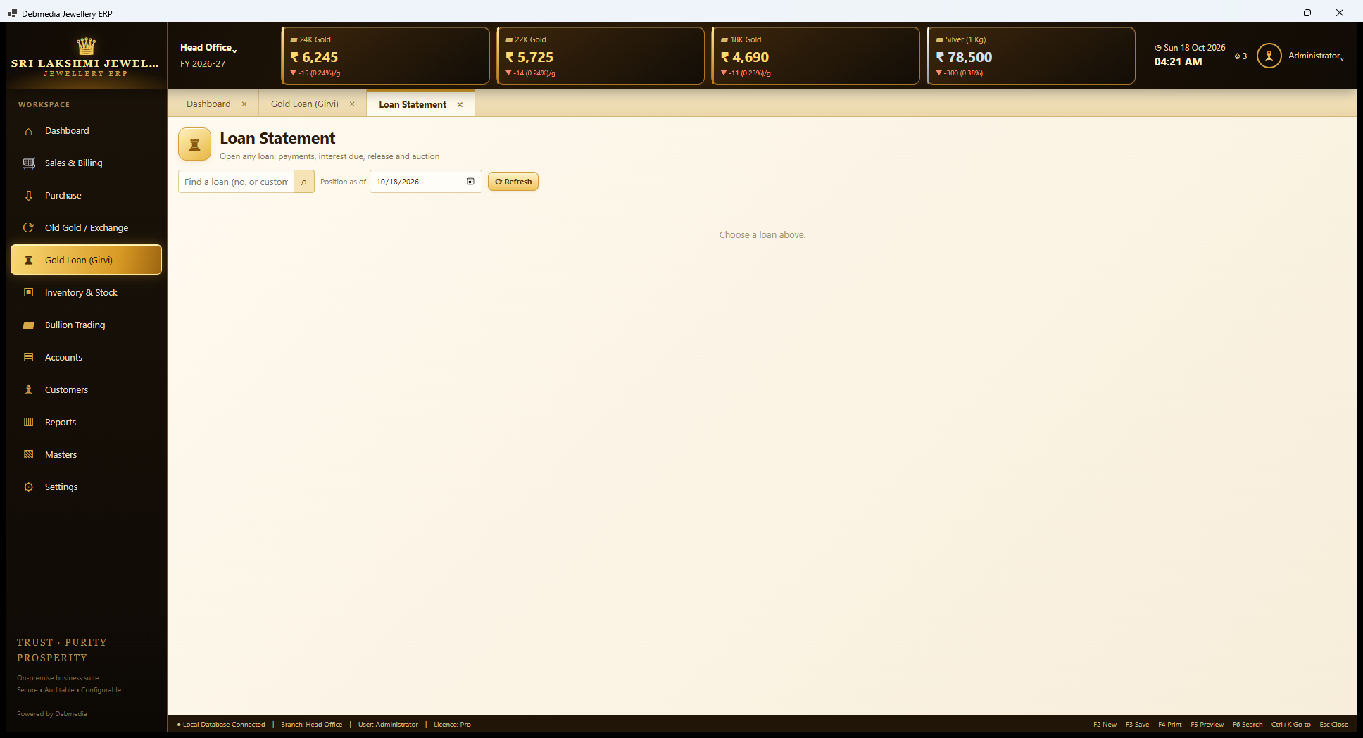 Debmedia Jewellery ERP Loan Statement: Loan Statement: a search for a loan by number or customer and a position-as date, shown before a loan is chosen.
