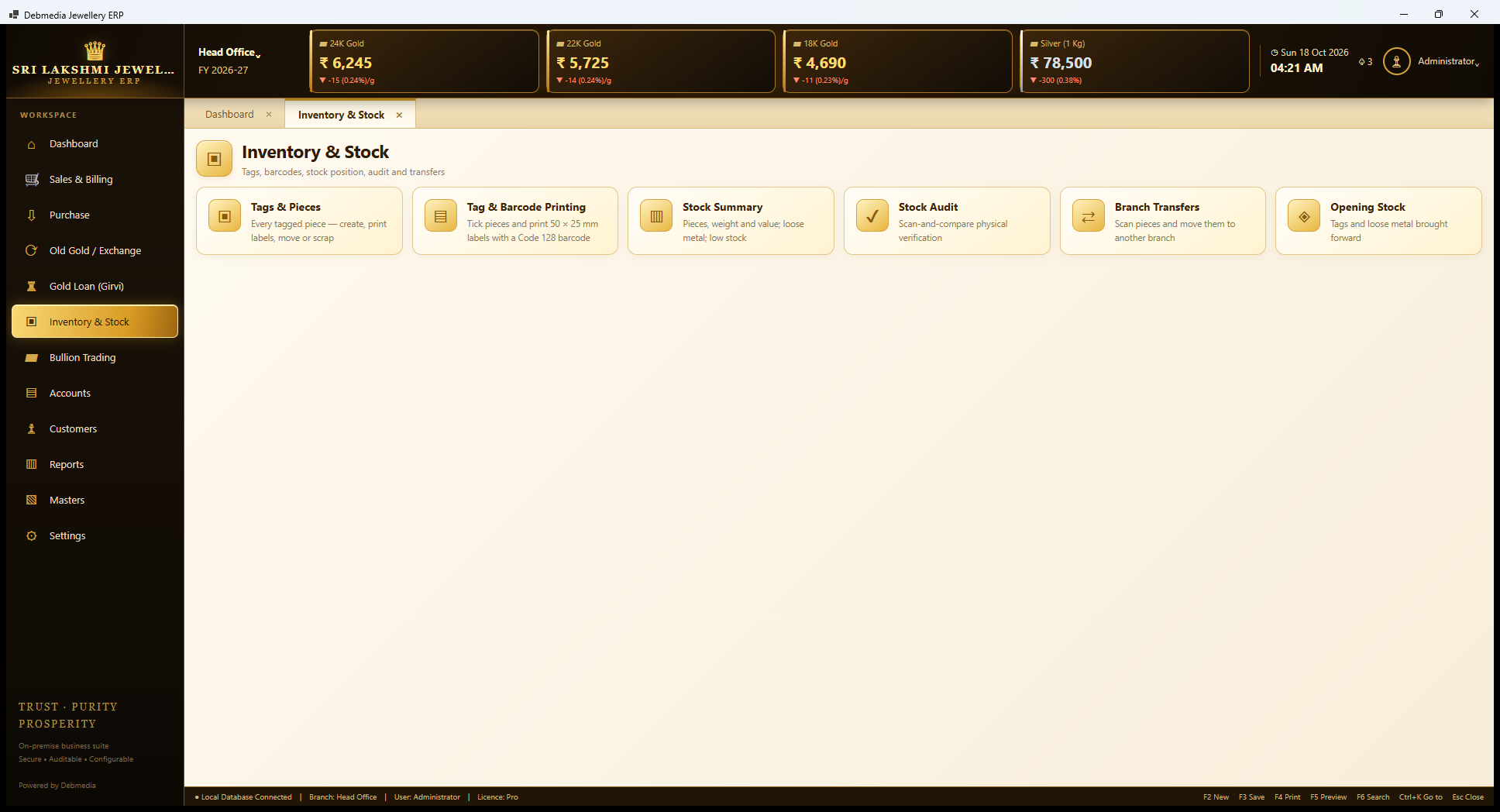 Debmedia Jewellery ERP Inventory & Stock: Inventory & Stock: tiles for Tags and Pieces, Tag and Barcode Printing, Stock Summary, Stock Audit, Branch Transfers and Opening Stock.