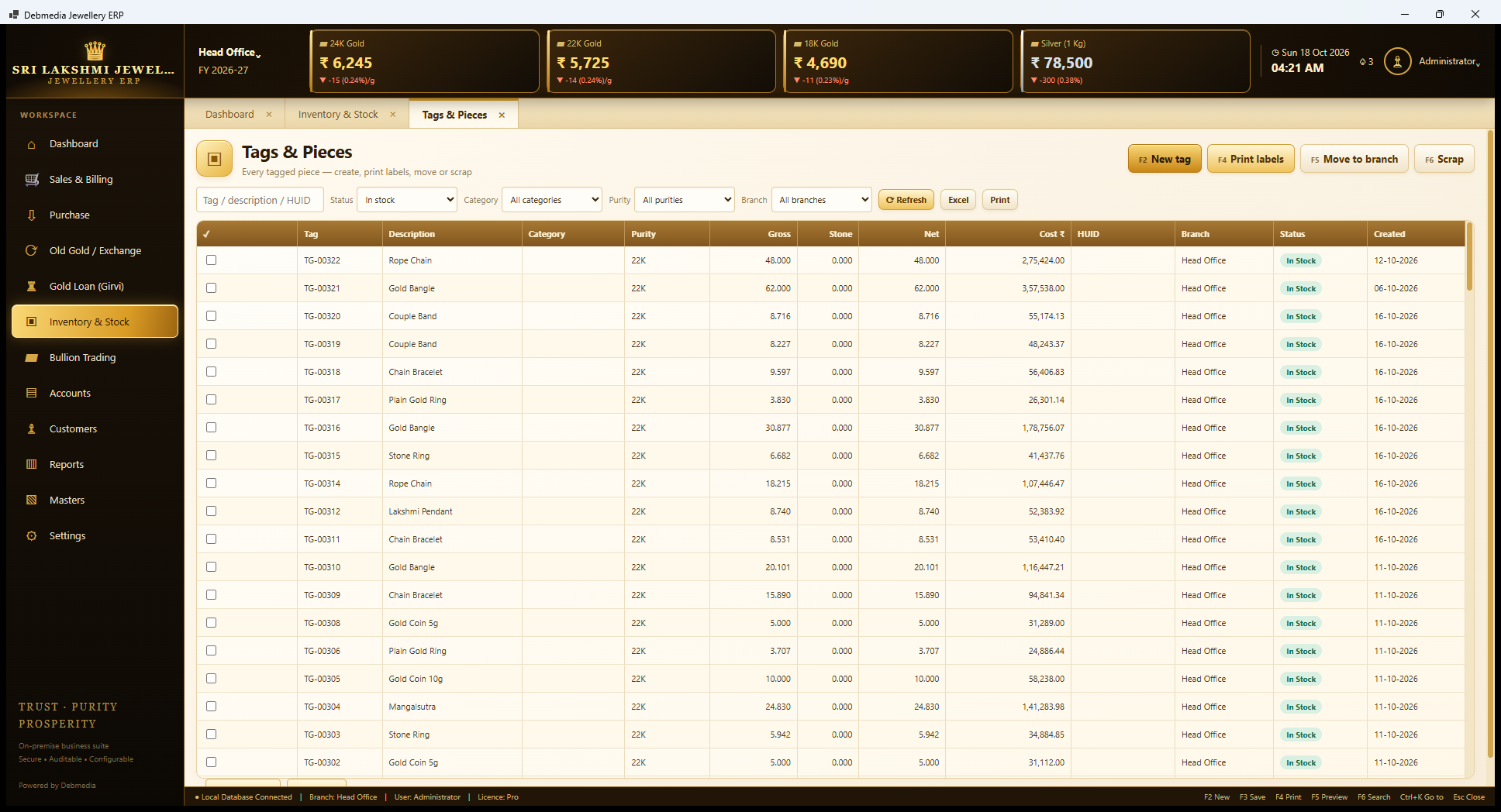 Debmedia Jewellery ERP Tags and Pieces: Tags and Pieces: every tagged piece with tag number, description, category, purity, weights, cost, HUID, branch, status and date created, with filters and buttons for new tag, print labels, move to branch and scrap.