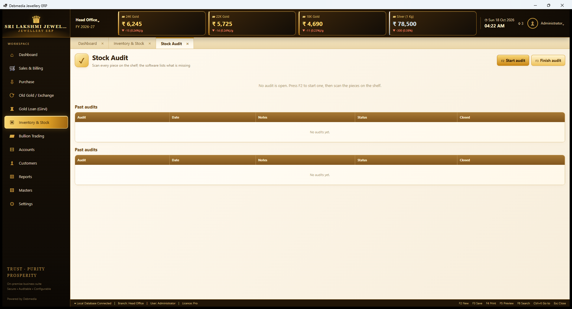 Debmedia Jewellery ERP Stock Audit: Stock Audit: a message that no audit is open, buttons to start or finish an audit, and a list of past audits.