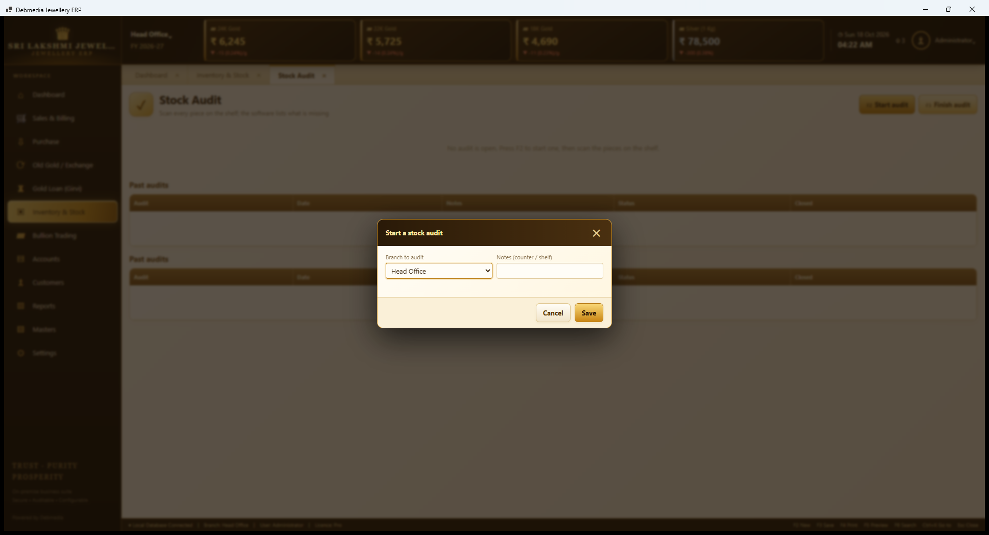 Debmedia Jewellery ERP Start a Stock Audit: The Start a stock audit dialog: choose the branch to audit and add notes for the counter or shelf.