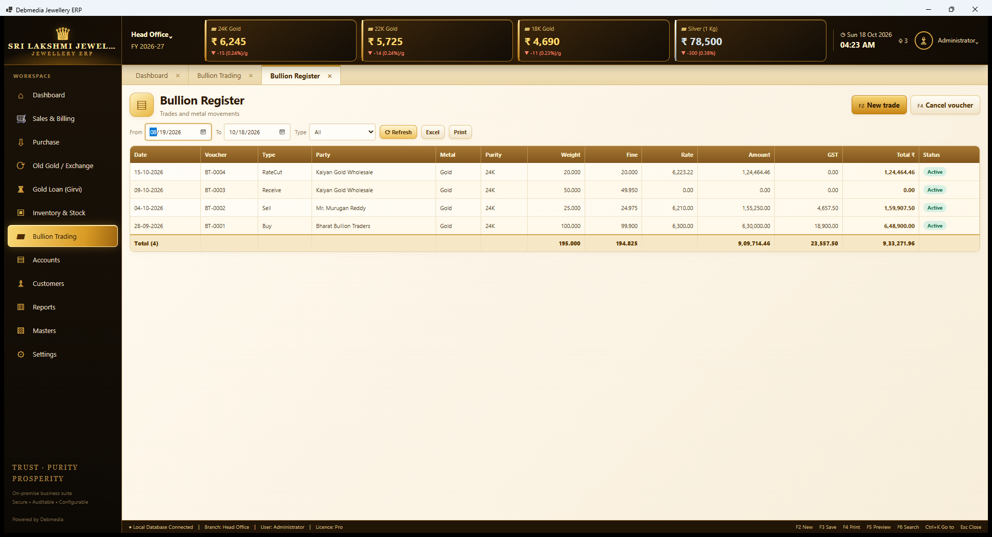 Debmedia Jewellery ERP Bullion Register: Bullion Register: trades and metal movements with party, metal, purity, weight, fine weight, rate, amount, GST, total and status.