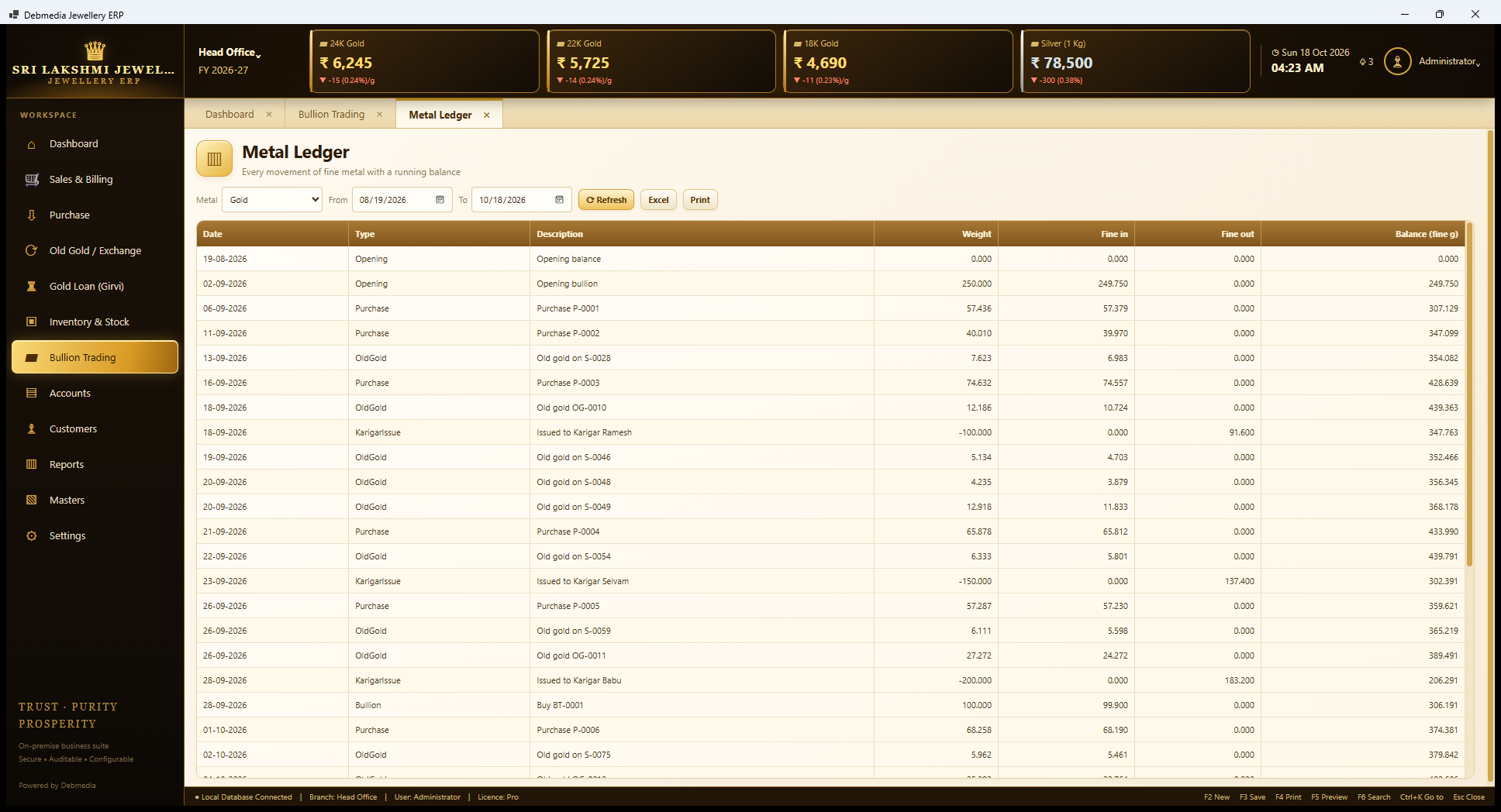 Debmedia Jewellery ERP Metal Ledger: Metal Ledger: every movement of fine metal for a chosen metal with weight, fine in, fine out and a running balance, covering opening, purchases, old gold, karigar issues and bullion trades.