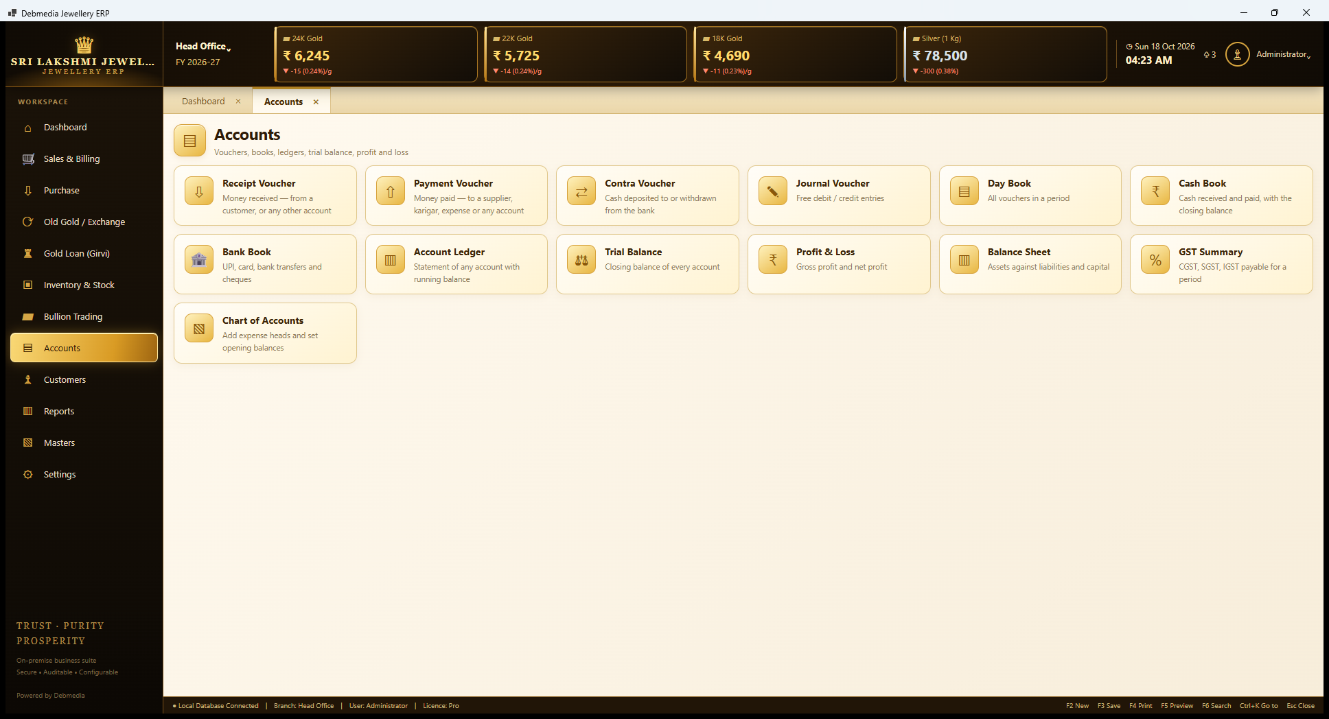 Debmedia Jewellery ERP Accounts: Accounts: thirteen tiles for the four vouchers, the day, cash and bank books, account ledger, trial balance, profit and loss, balance sheet, GST summary and chart of accounts.