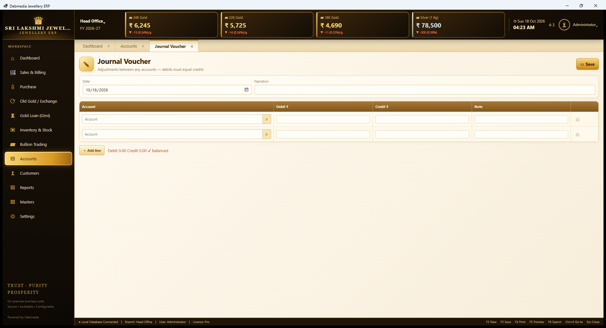 Debmedia Jewellery ERP Journal Voucher: Journal Voucher: date and narration, a grid of accounts with debit, credit and note, an Add line button and a live check that debit equals credit.