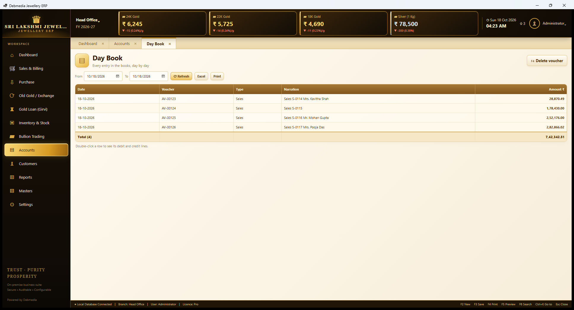 Debmedia Jewellery ERP Day Book: Day Book: every entry in the books for a date range with voucher, type, narration and amount, with a total.