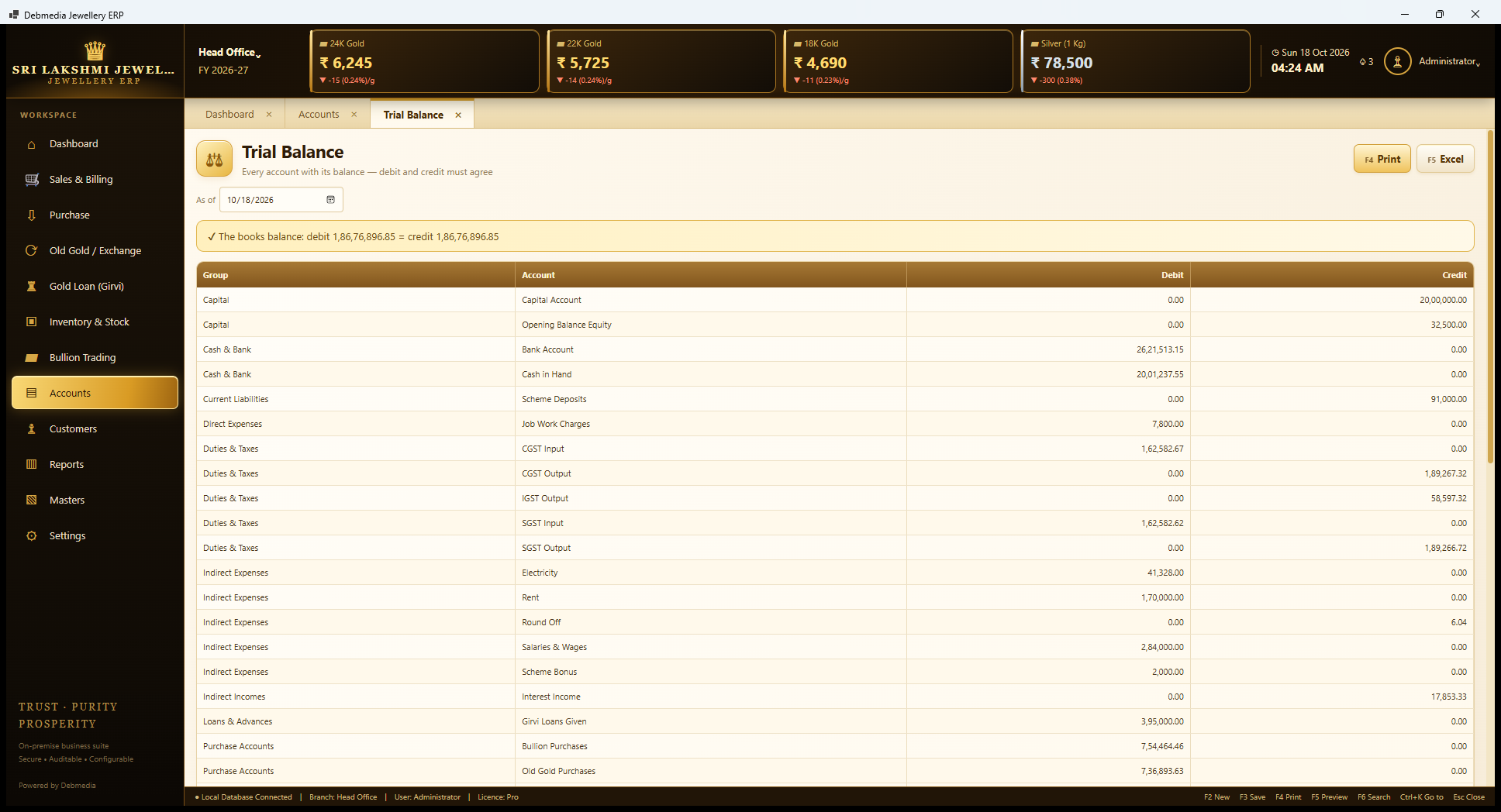Debmedia Jewellery ERP Trial Balance: Trial Balance: every account with its debit or credit balance, grouped, with a banner confirming that debit equals credit.