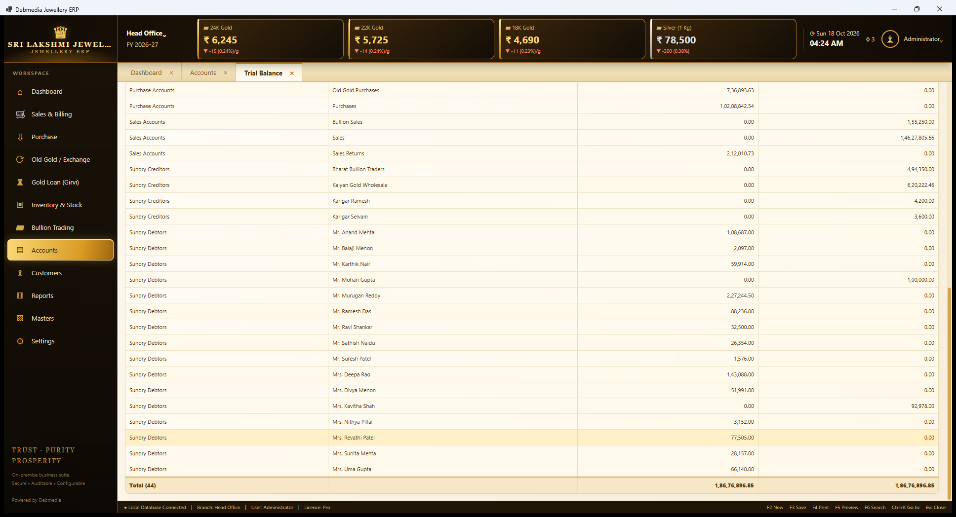 Debmedia Jewellery ERP Trial Balance (continued): Trial Balance, lower half: purchases, sales accounts, sundry creditors, sundry debtors and the grand totals.