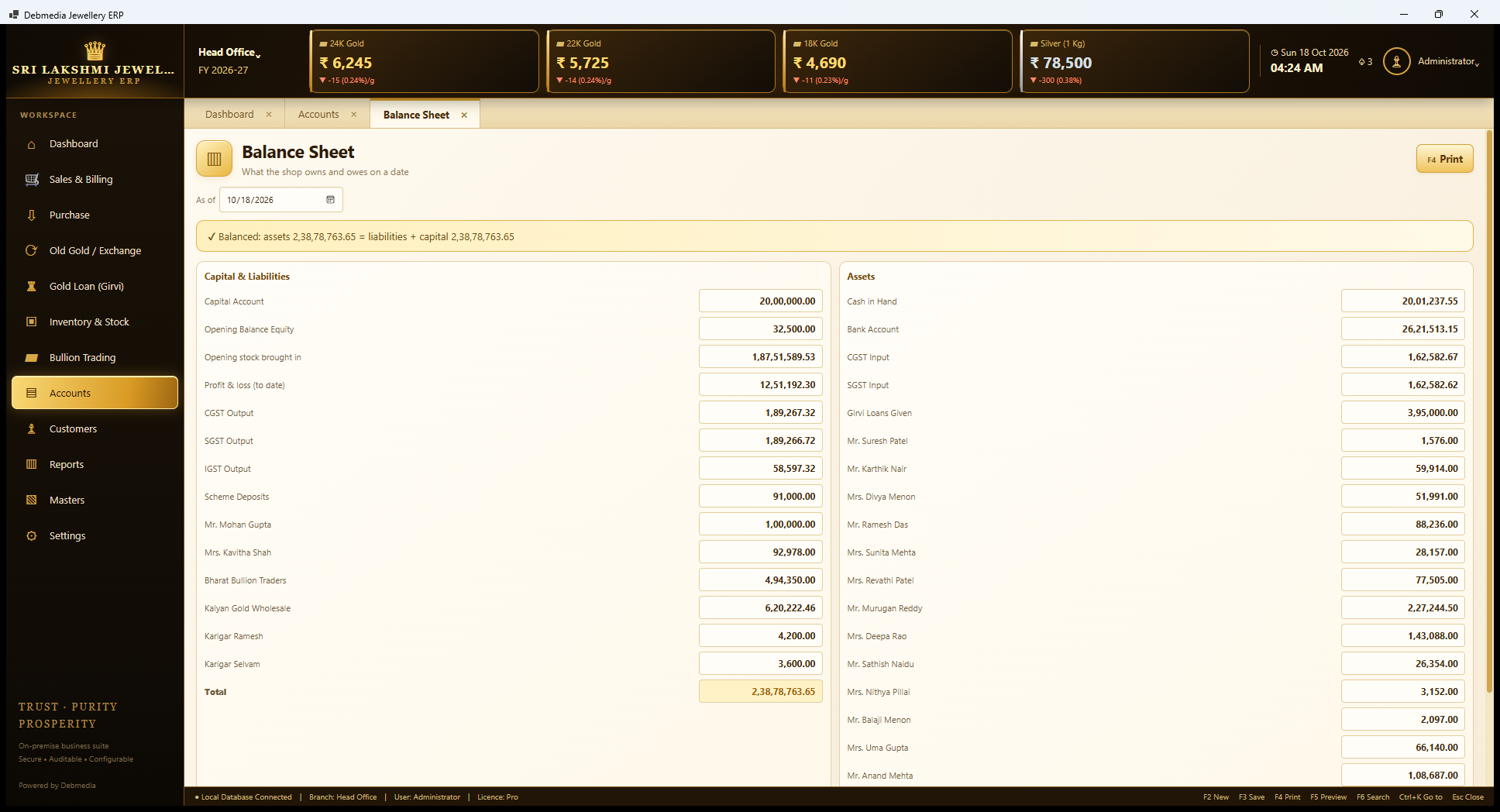 Debmedia Jewellery ERP Balance Sheet: Balance Sheet: a banner confirming that assets equal liabilities plus capital, with capital and liabilities on the left and assets on the right.