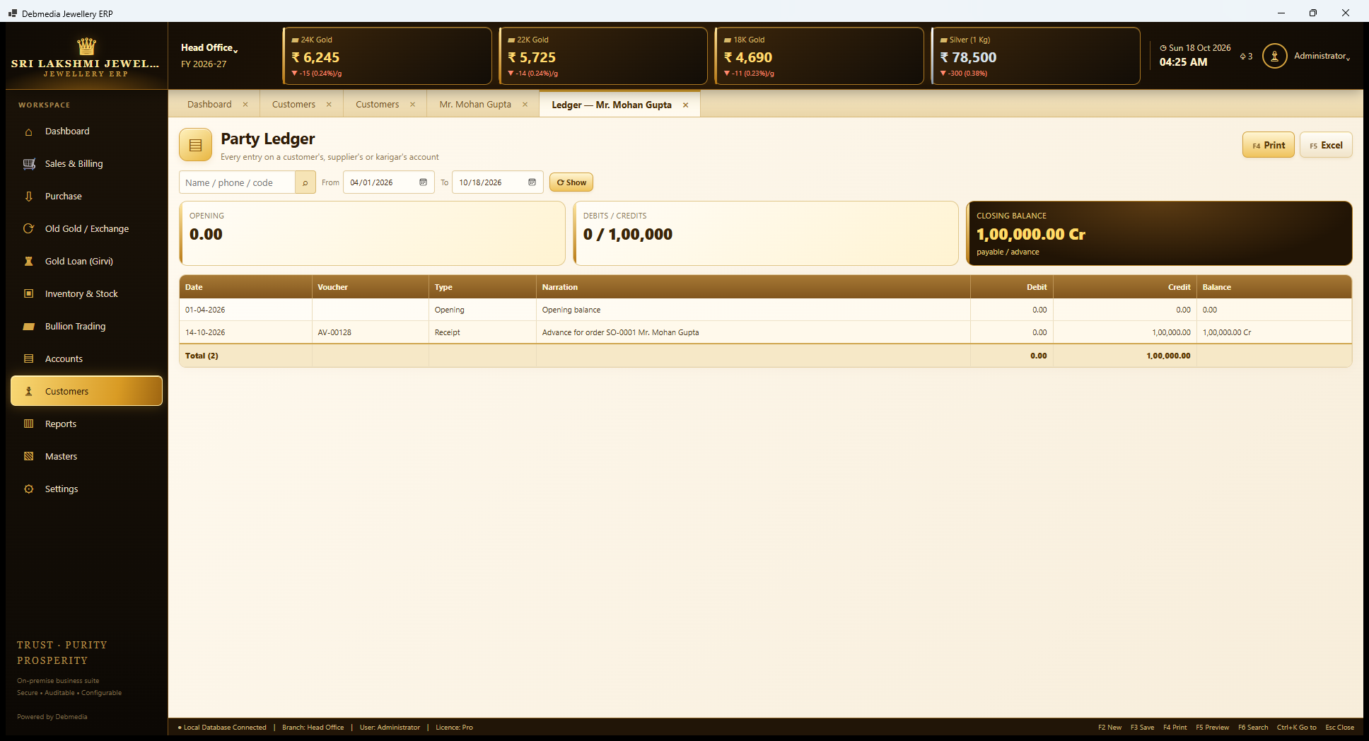 Debmedia Jewellery ERP Party Ledger: Party Ledger for Mr. Mohan Gupta: opening, debits and credits, closing balance, and the vouchers on his account.