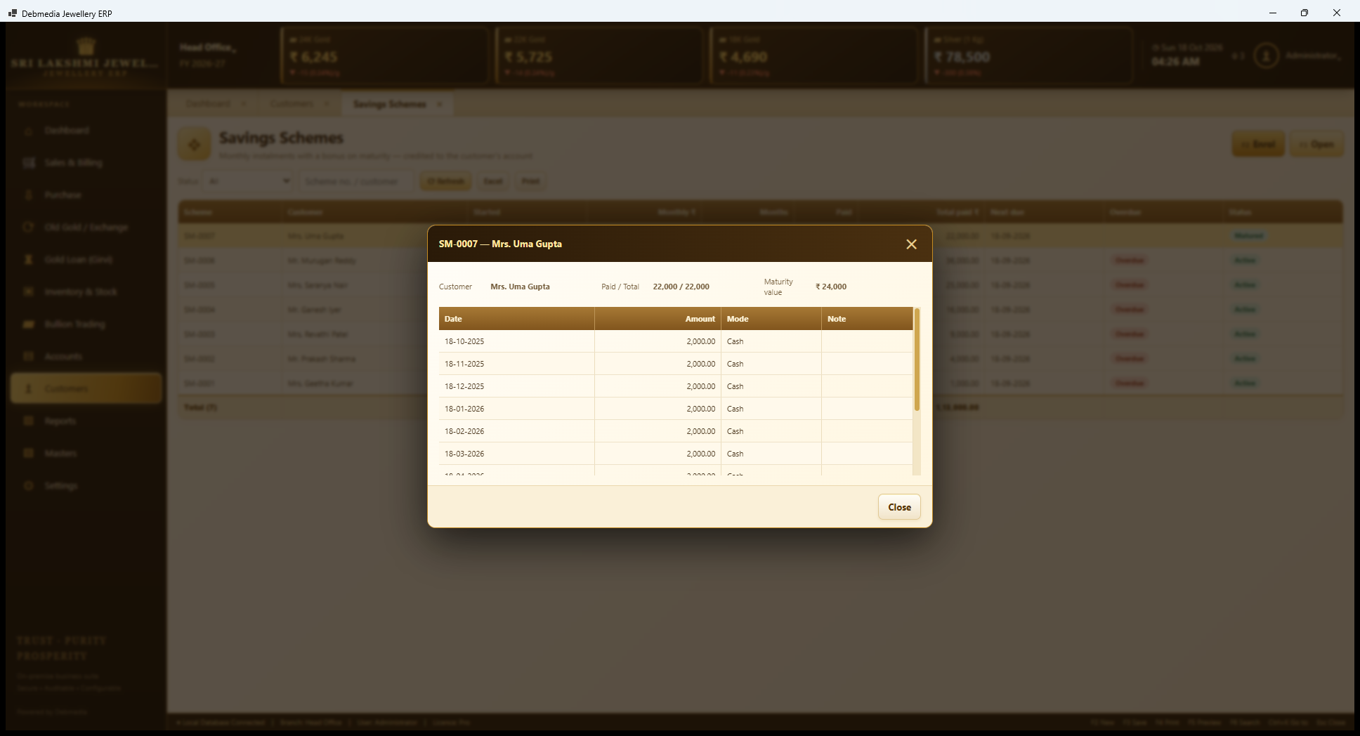 Debmedia Jewellery ERP Scheme Detail: The detail of scheme SM-0007: customer, paid against total, maturity value and the list of monthly instalments with date, amount and mode.