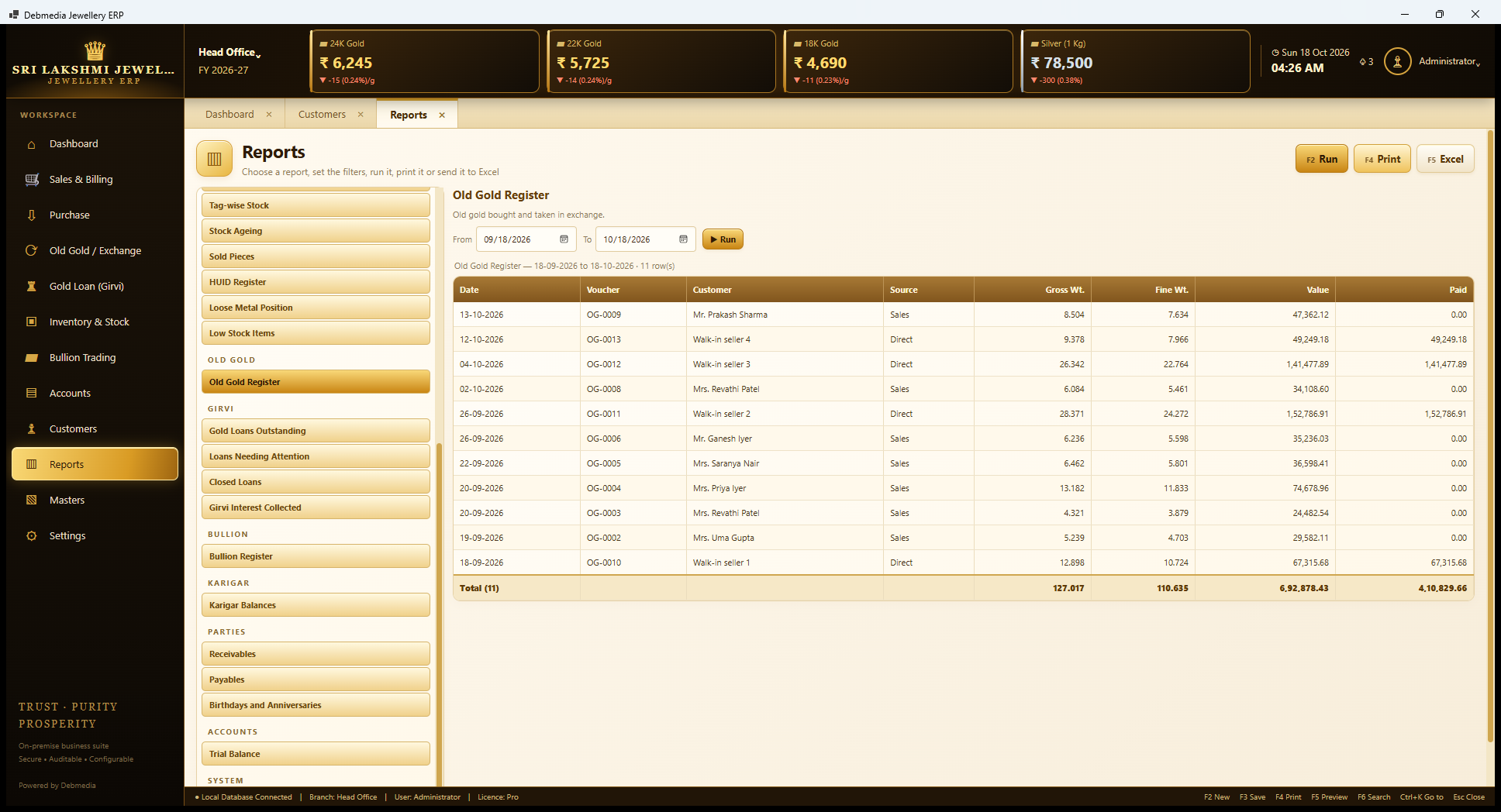 Debmedia Jewellery ERP Reports: Old Gold Register: The Reports screen scrolled to show the remaining report groups, with the Old Gold Register open for 18 September to 18 October.