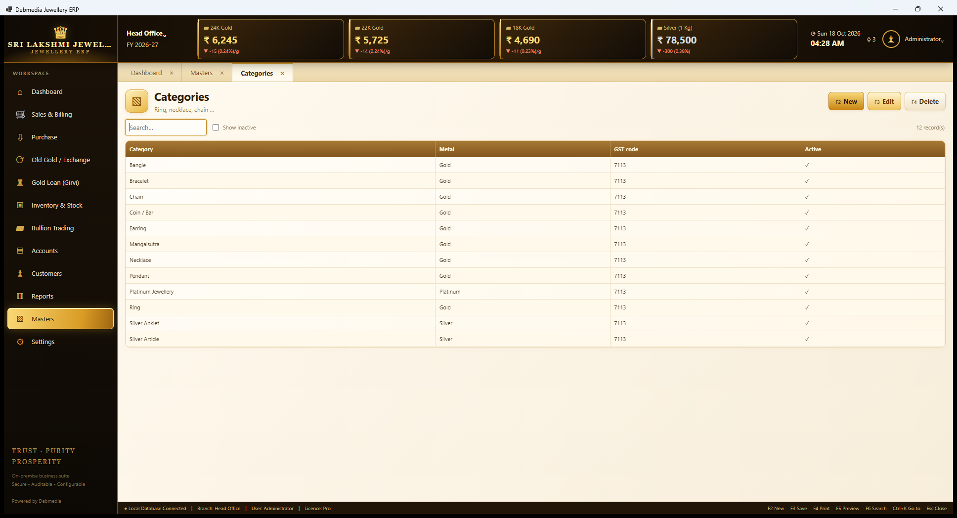 Debmedia Jewellery ERP Categories: Categories: twelve item categories with metal and default GST code.