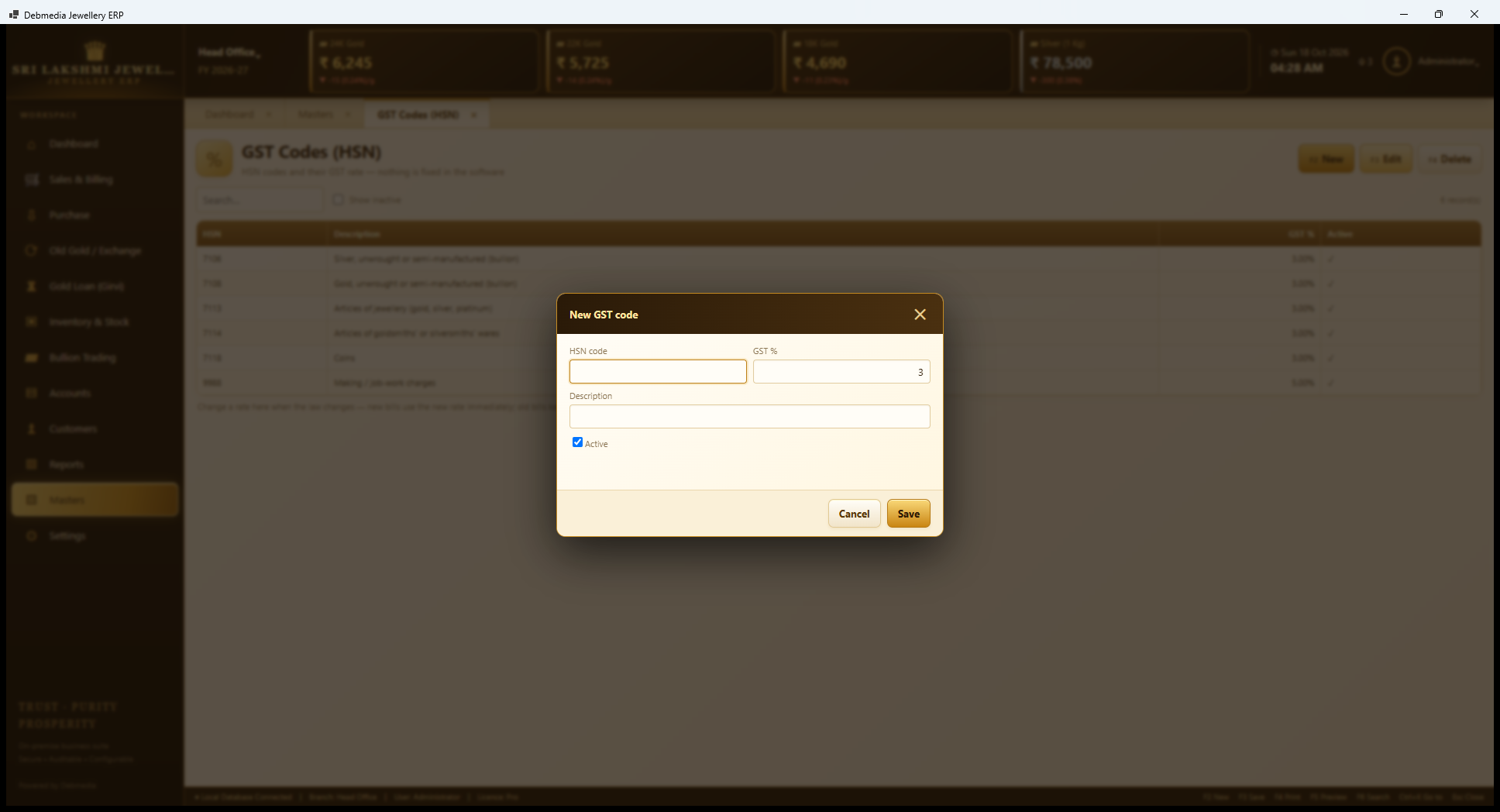 Debmedia Jewellery ERP New GST Code: The New GST code dialog: HSN code, GST percent, description and active flag.