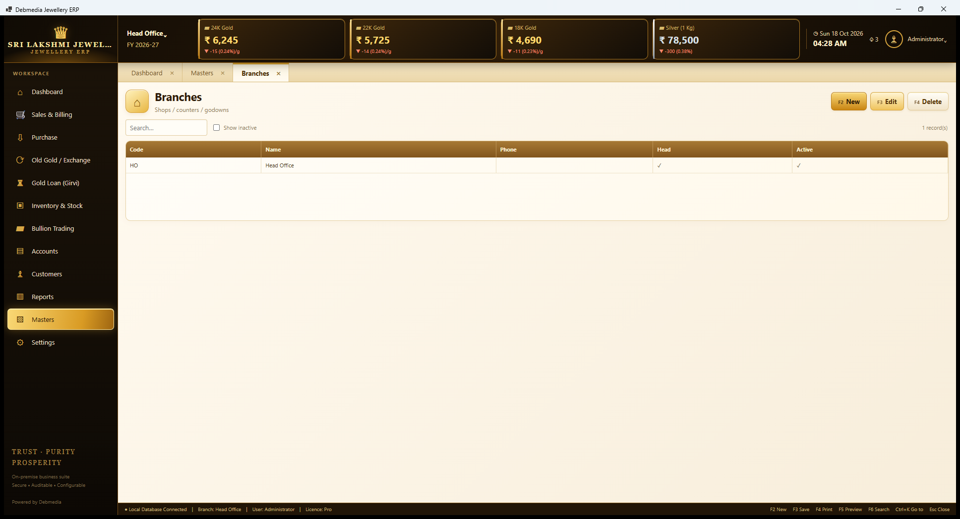 Debmedia Jewellery ERP Branches: Branches: a single Head Office branch, marked as the head branch.