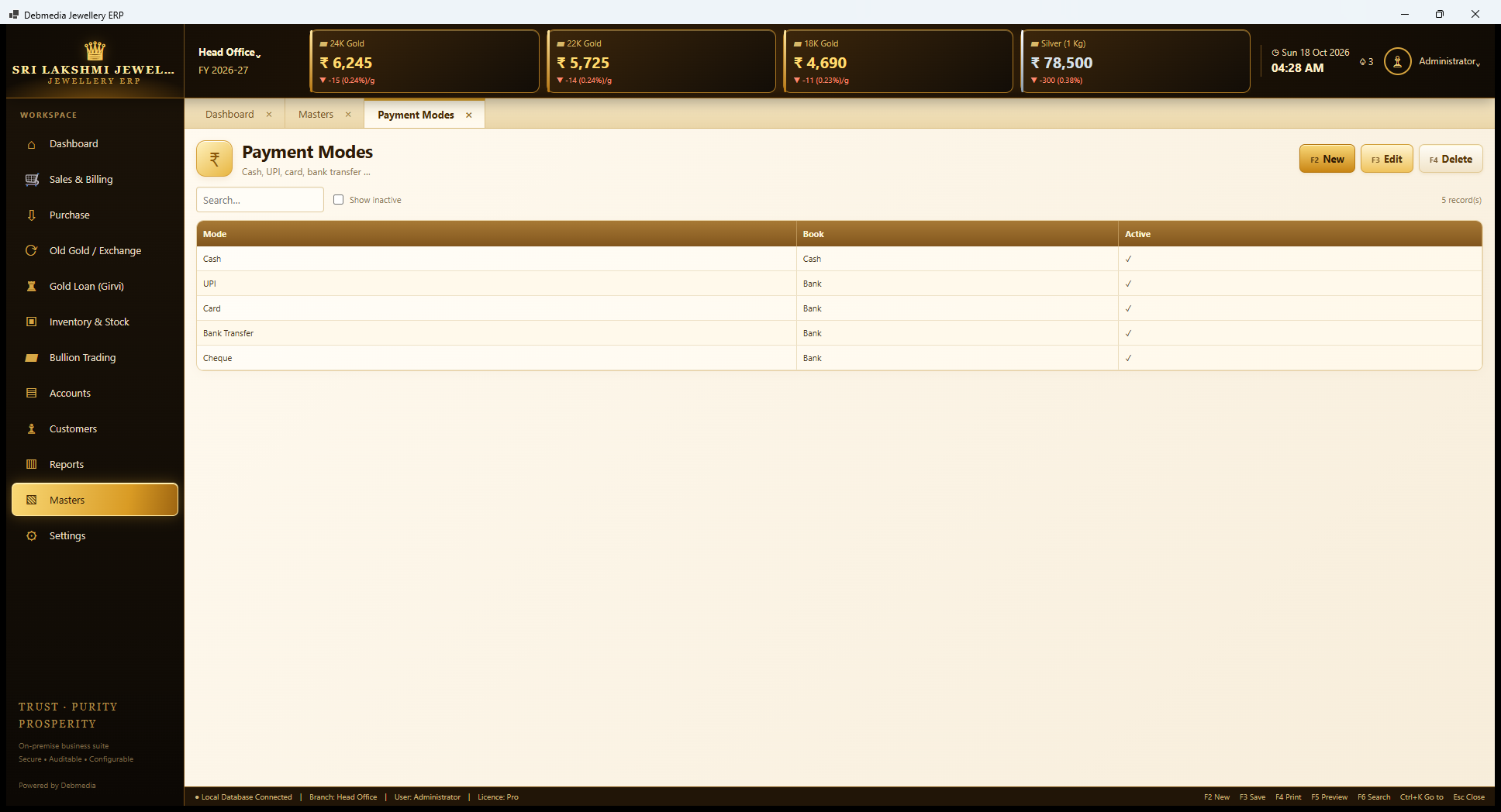 Debmedia Jewellery ERP Payment Modes: Payment Modes: Cash, UPI, Card, Bank Transfer and Cheque, each assigned to the Cash or Bank book.