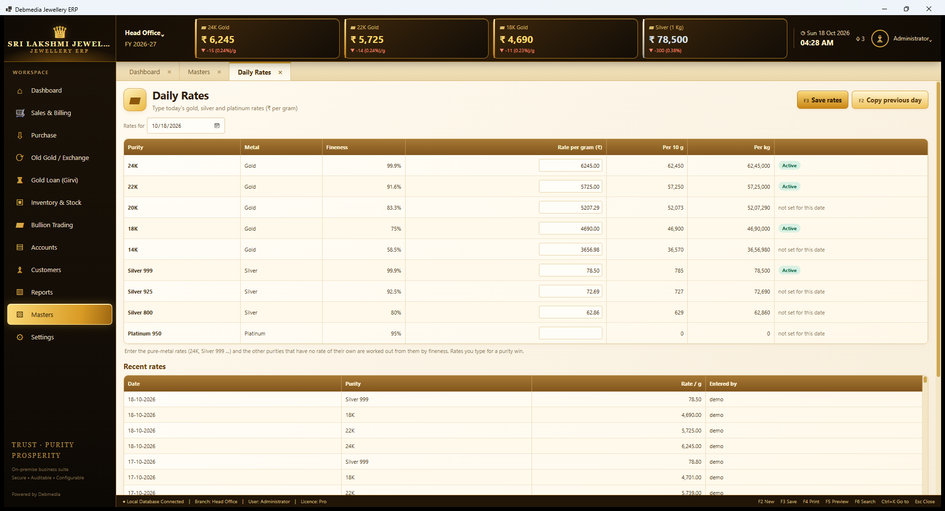 Debmedia Jewellery ERP Daily Rates: Daily Rates: the date, a table of purities with fineness, rate per gram, per 10 grams and per kilogram, an Active or derived status, and a list of recent rates.