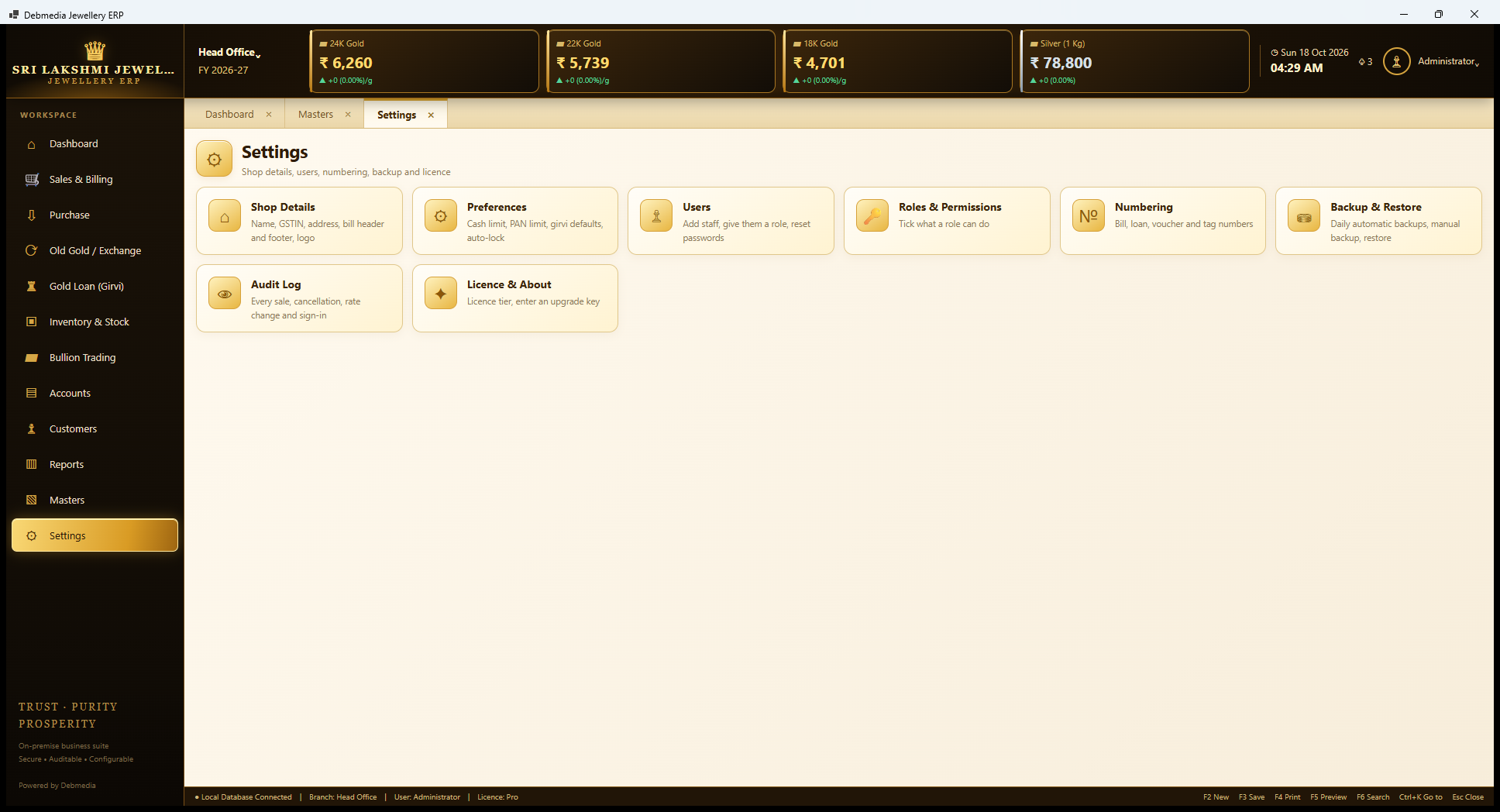 Debmedia Jewellery ERP Settings: Settings: tiles for Shop Details, Preferences, Users, Roles and Permissions, Numbering, Backup and Restore, Audit Log and Licence and About.