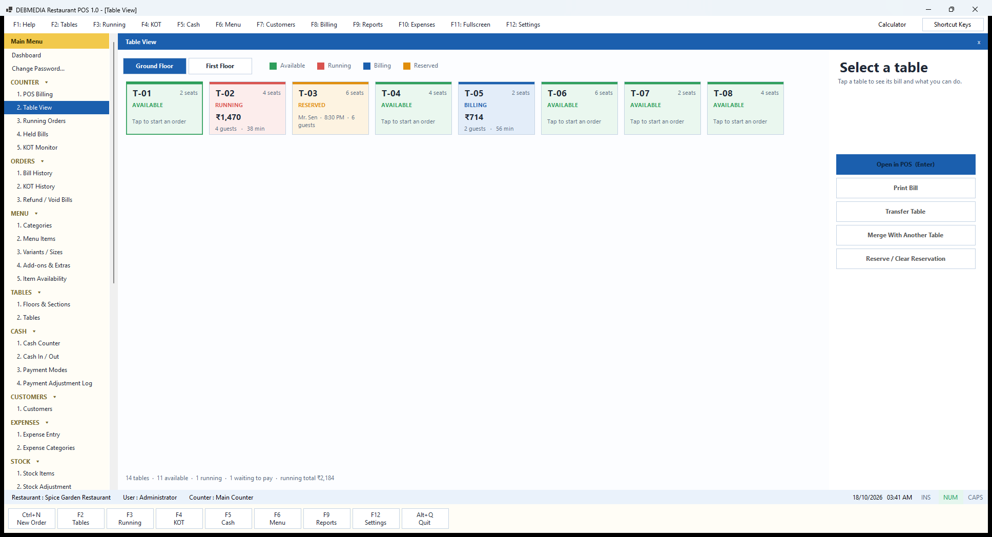 Debmedia Restaurant POS Table View: Table View: tables for the selected floor as colour-coded cards, with Open in POS, Print Bill, Transfer Table, Merge With Another Table and Reserve actions.