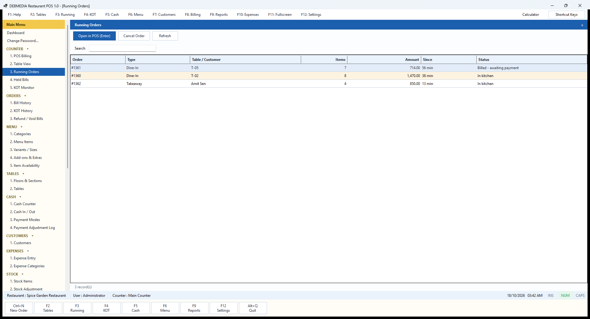 Debmedia Restaurant POS Running Orders: Running Orders: every open order with type, table or customer, item count, amount, time open and status.
