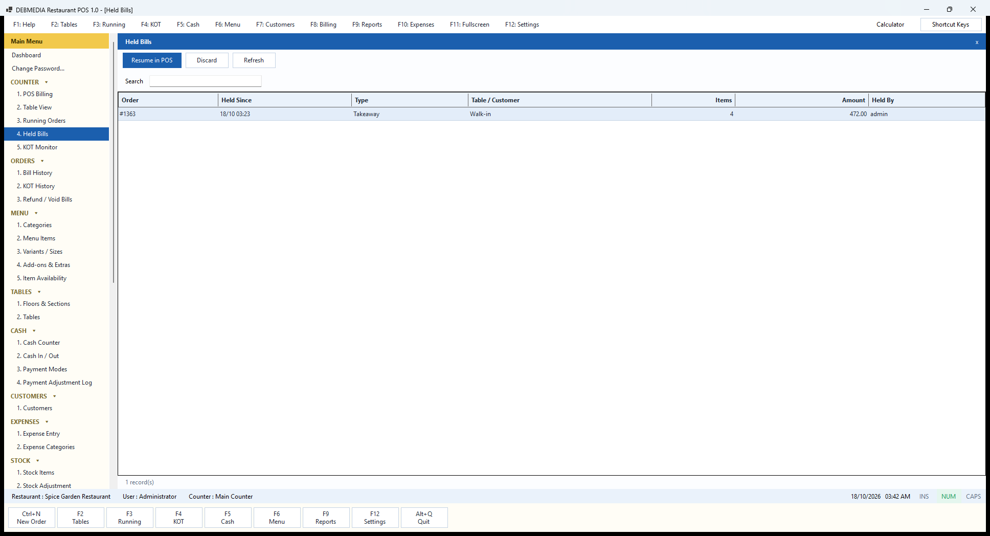 Debmedia Restaurant POS Held Bills: Held Bills: orders parked with Hold, showing when they were held, type, table or customer, item count, amount and who held them.