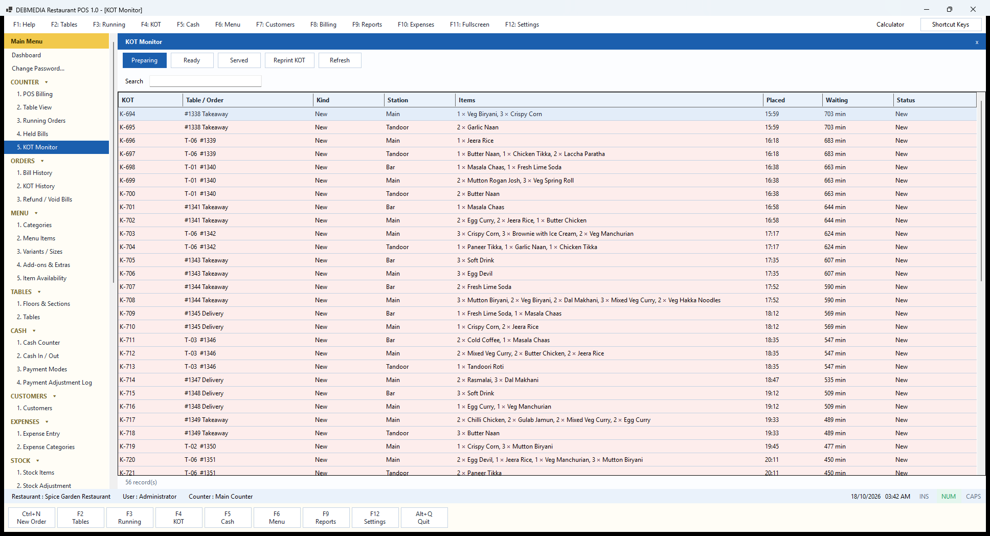 Debmedia Restaurant POS KOT Monitor: KOT Monitor: kitchen tickets with the order, kind, station, items, time placed, minutes waiting and status, with Preparing, Ready, Served and Reprint KOT buttons.
